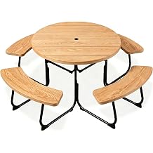 Black Heavy-Duty Circular Outdoor Picnic Table Seats 8 4 Attached Built-in Benches, Center Umbrella Hole, 2000 LBS Large Weight Limit for Patio Garden Backyard
