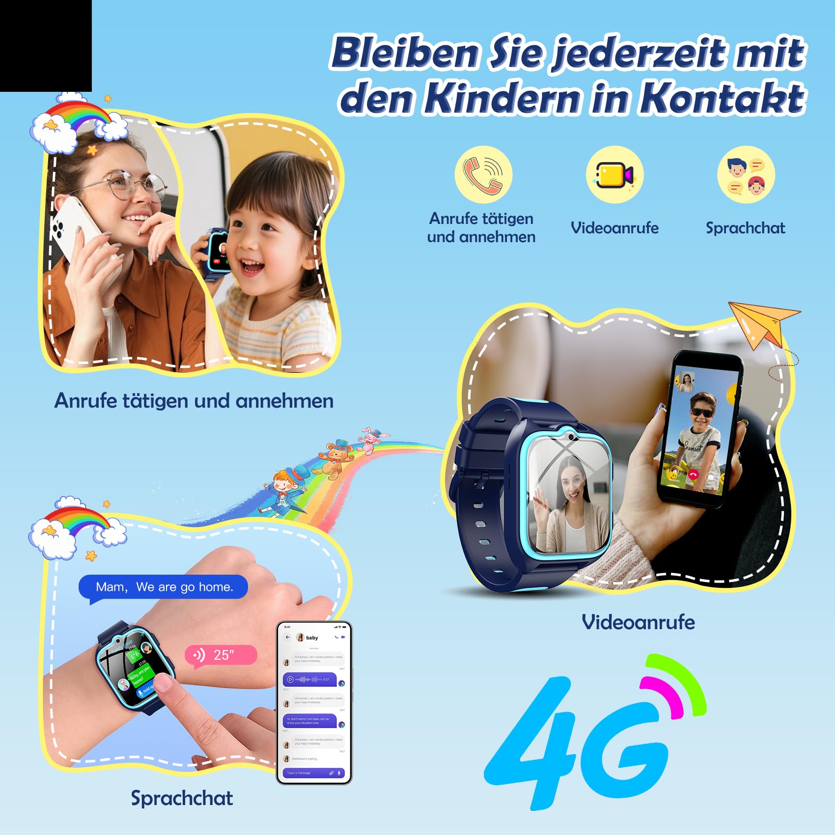 4G Smartwatch Kinder - Kinder Telefonuhr mit SIM-Kartenslot, Telefonanruf, Sprachchat, GPS, SOS Notruf, Taschenlampe, Schulmodus, Schrittzähler, Kinderuhr für Jungen Geschenke 4-12 Jahren