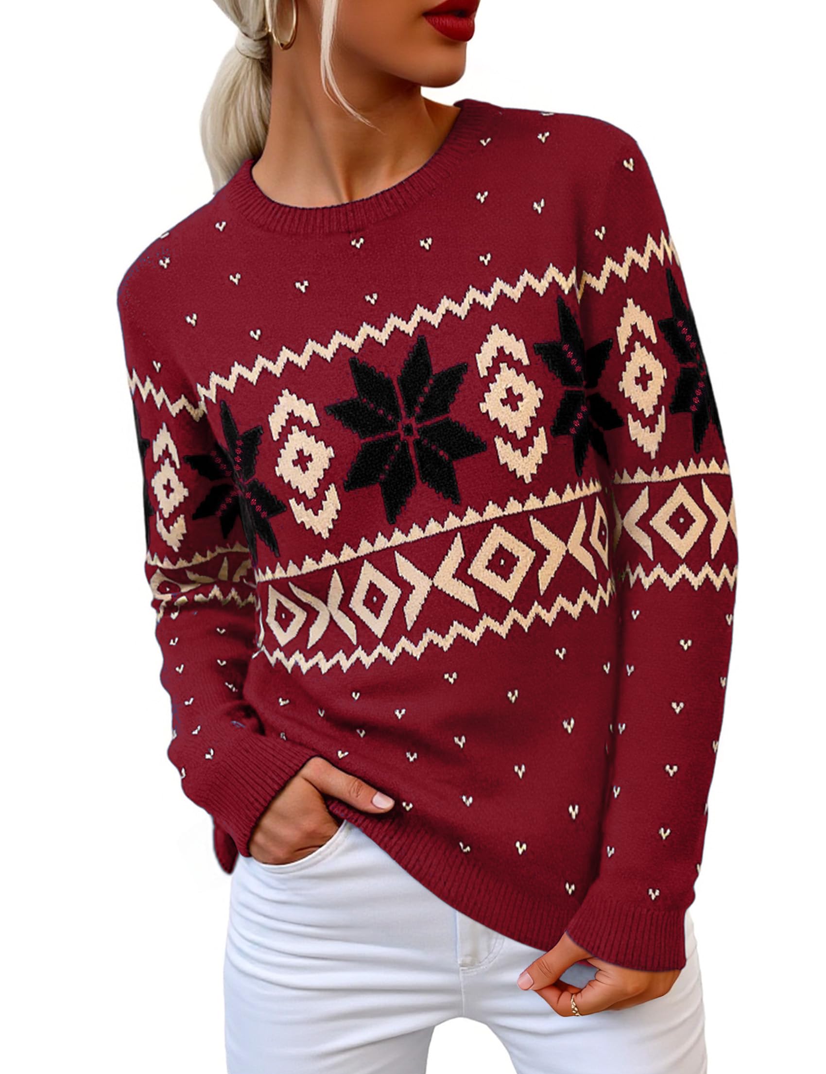 Terecey Maglione Natalizio Donna Girocollo per Feste Invernali | 51,5% viscosa, 26,5% PBT e 22% nylon; vestibilità ampia, morbido e caldo, ideale per Natale e feste.