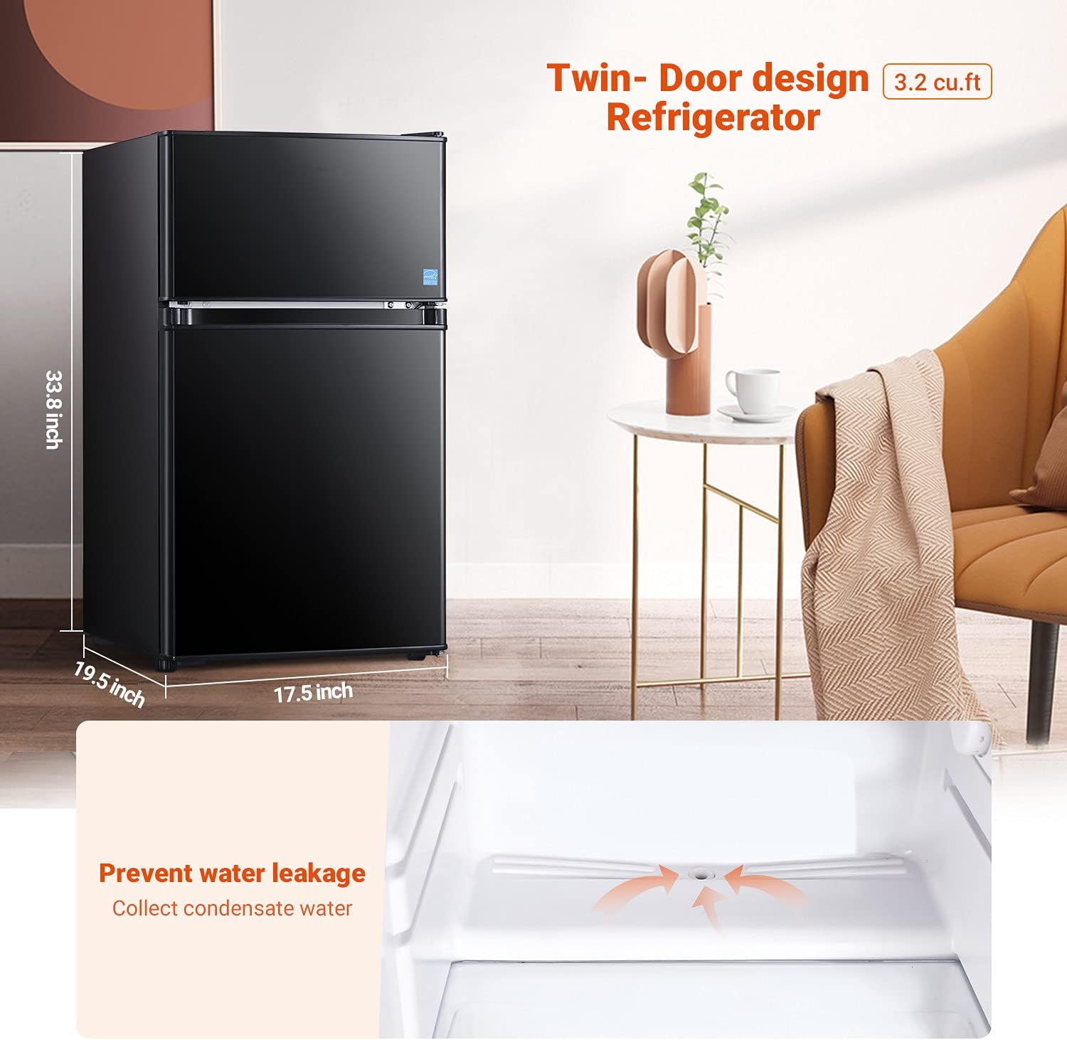 Mini Fridge with Freezer, 3.2 Cu.Ft Mini Refrigerator, 2 Door, 37DB Low Noise, Engery Saving with LED Light, Low-frost Mini Fridge for Bedroom, Office, Dorm, RV, Apartment, Black- MPBFD321