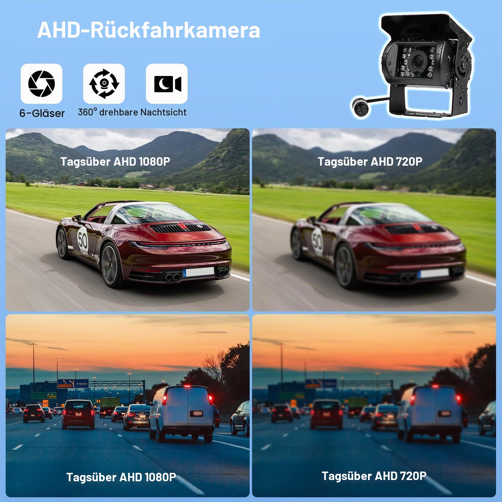 Camecho Dual Backup Kamera 4 Split Monitor hinten Kamera Auto 18 IR-Nachtsicht wasserdicht Aviation 4 Pins Anschluss 33 ft Kabel Für LKW/Wohnmobil-/Trailer/Bus