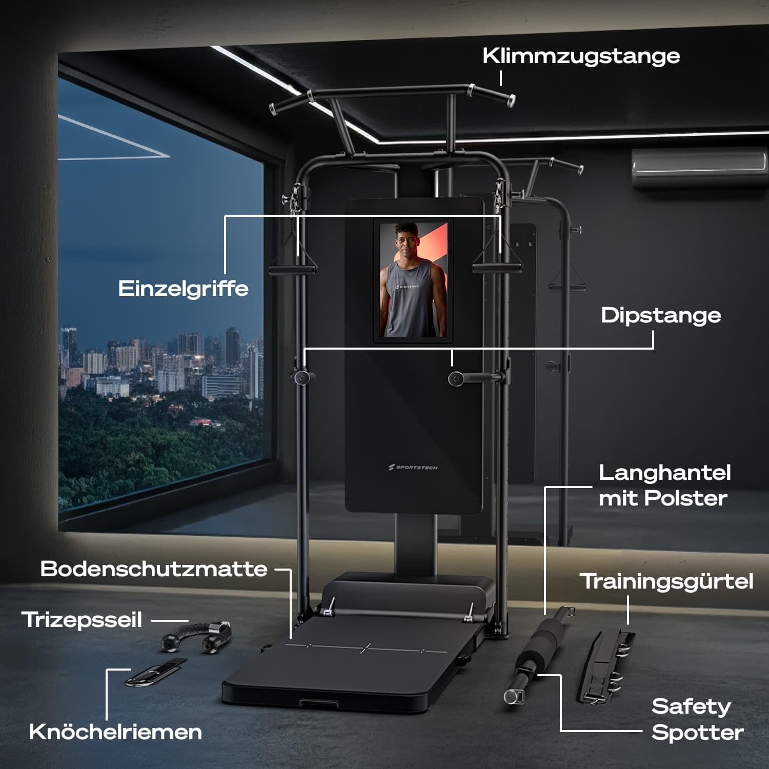 Sportstech sGym Pro – multifunktionale klappbare Kraftstation für Zuhause, 21" Display, 400+ Übungen, 13-Fach verstellbare Kabelzüge, Spotter, inkl.1 Jahr STL-App, platzsparend, Ganzkörpertraining