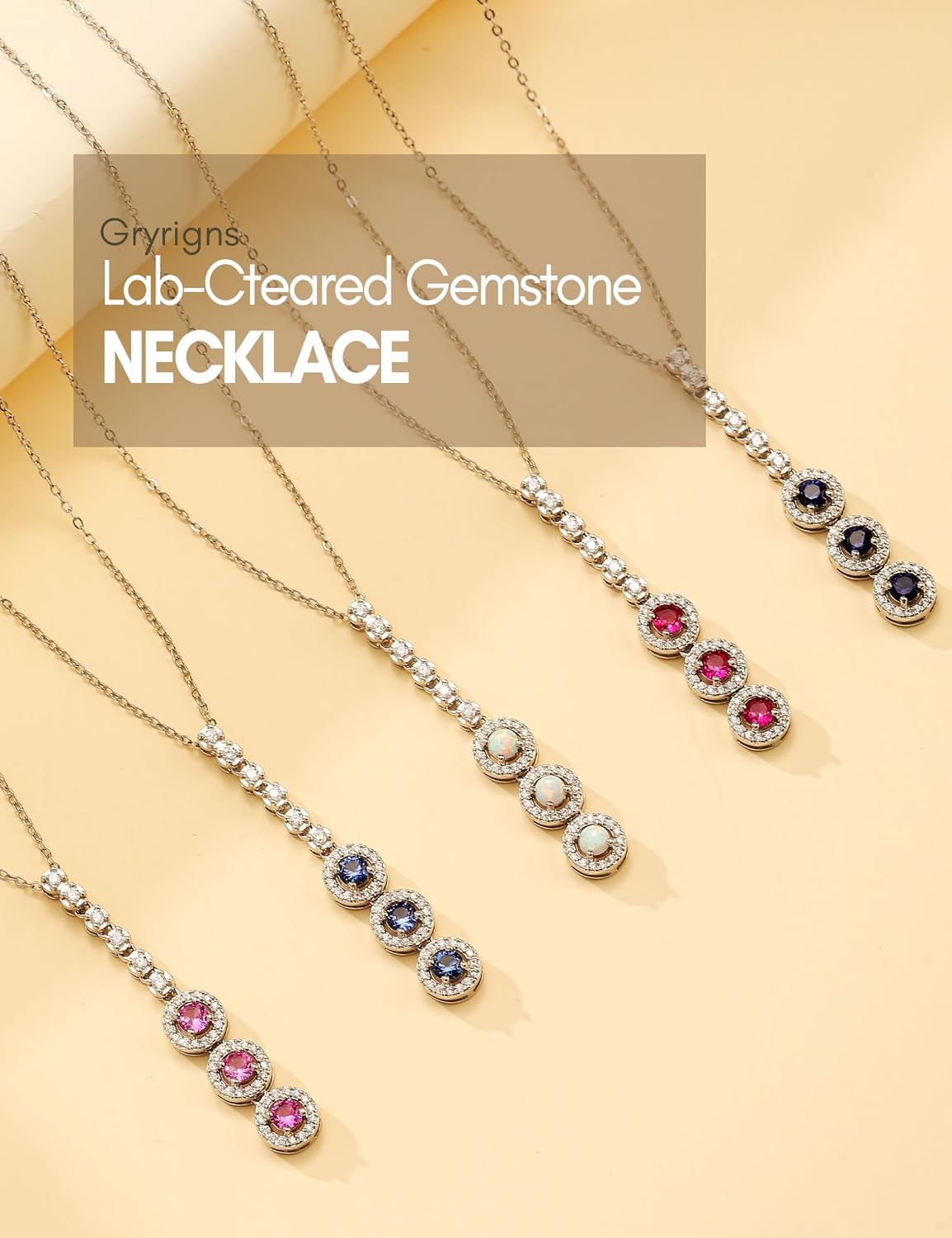 925 Sterling Silver Lab Created Gemstone Necklace for Women, Birthstone Necklace 3 Stones Pendant, 18"+2" Adjustable Chain