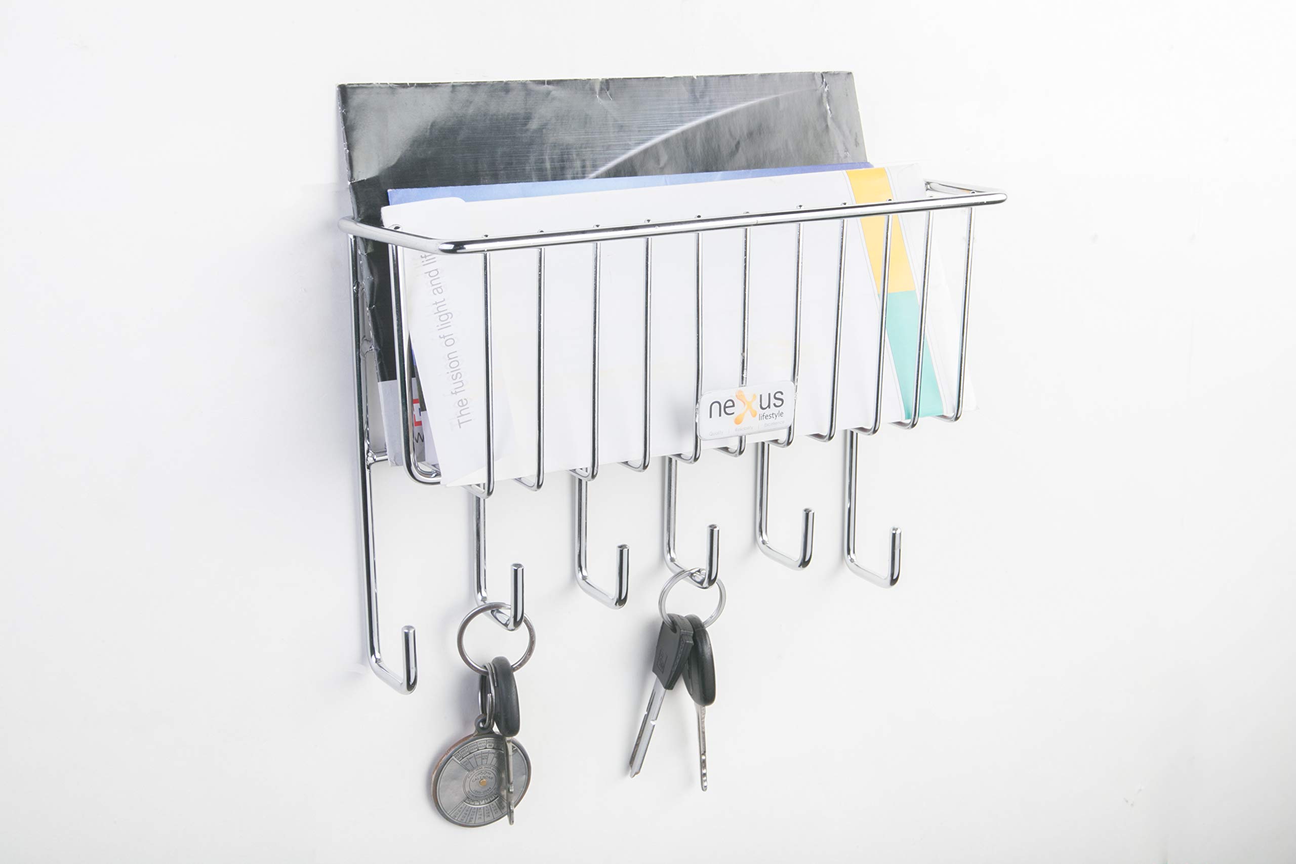 Navya Axis Mail, Letter Holder, Key Rack Organizer for Entryway, Kitchen - Wall Mount, Chrome
