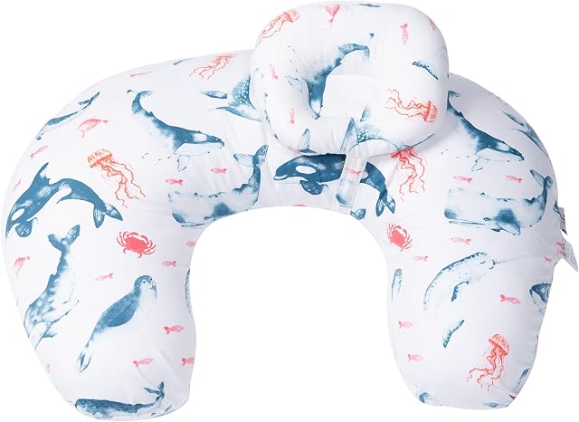 Nursing Pillow with Baby Cushion, 100% Cotton Ergonomic Breastfeeding & Bottle-feeding Baby Pillow, Machine-Washable Breast Feeding Pillow, Maternity Pregnancy + Removable Cover (Blue Whale)