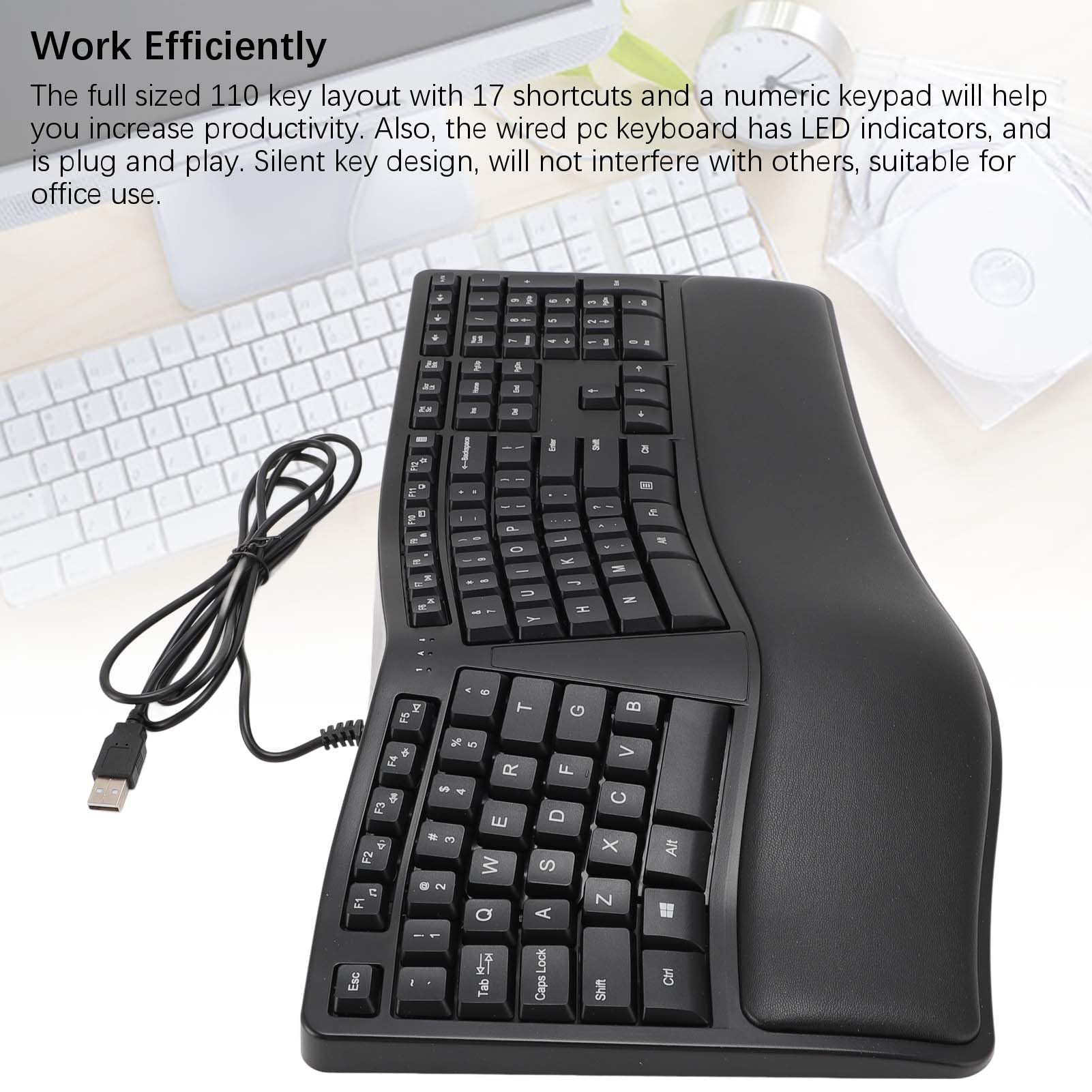 Naroote Tastiera Ergonomica Cablata USB 2.0, 110 Tasti, Poggiapolsi, Silenziosa, Comoda per Laptop