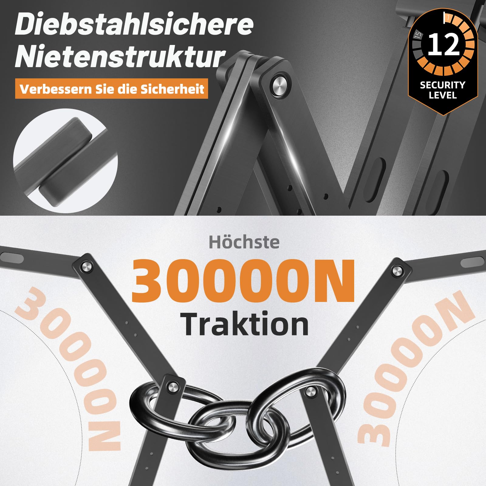 Antivol velo, cadenas antivol vélo 100 cm haute sécurité avec support et 3 clés, antivol velo pliable pour vélo E Bike scooter, VTT, vélo de trekking, vélo de course, moto