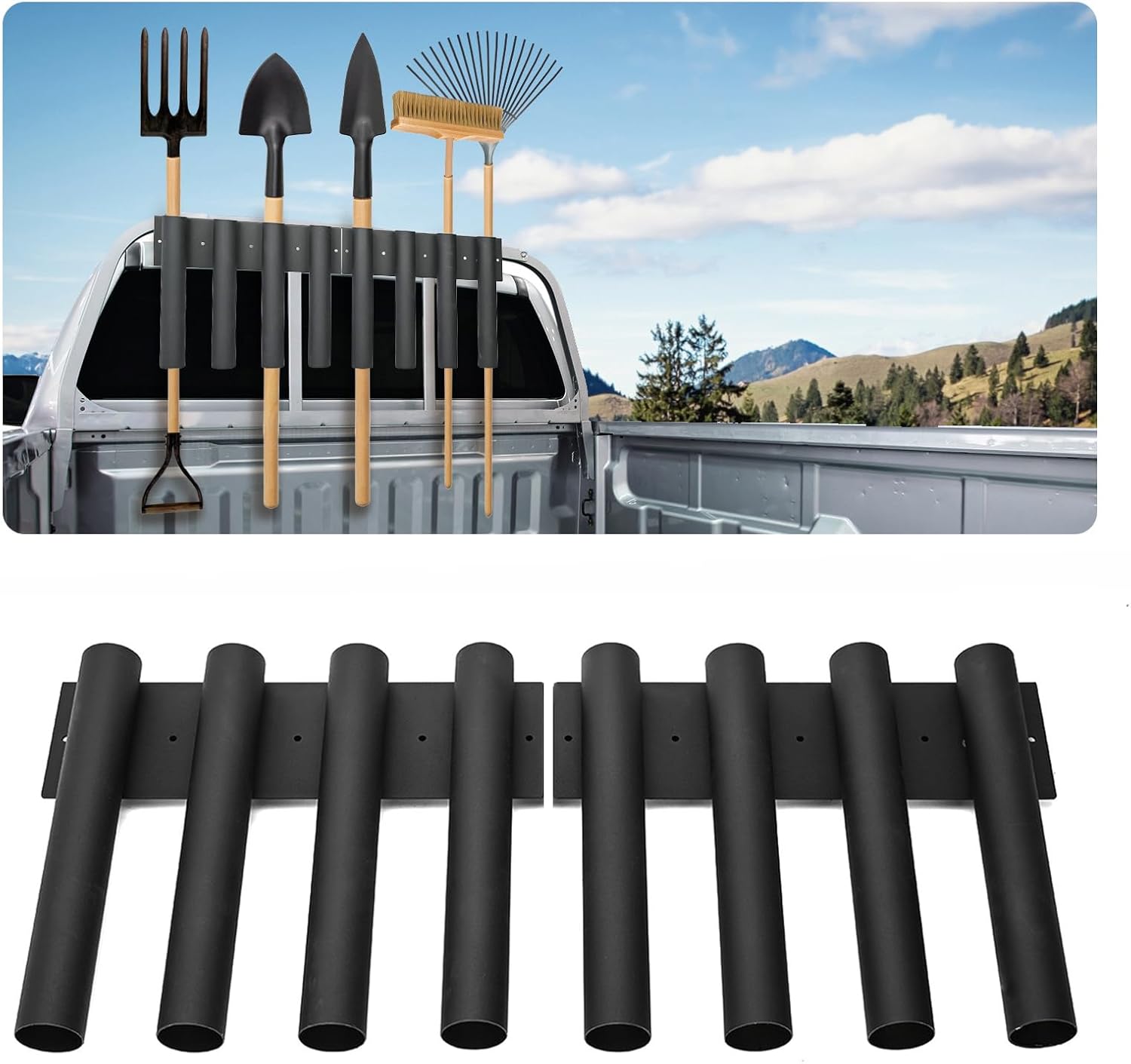 uyoyous Shovel Holder for Truck 8-Hole Shovel Mount Metal Trailer Tool Rack with 8 Tool Holes for Shovels, Hoes, Rakes, Trimmers, Lawn Tools, Landscape Hand Tools (Bed & Box Mount)