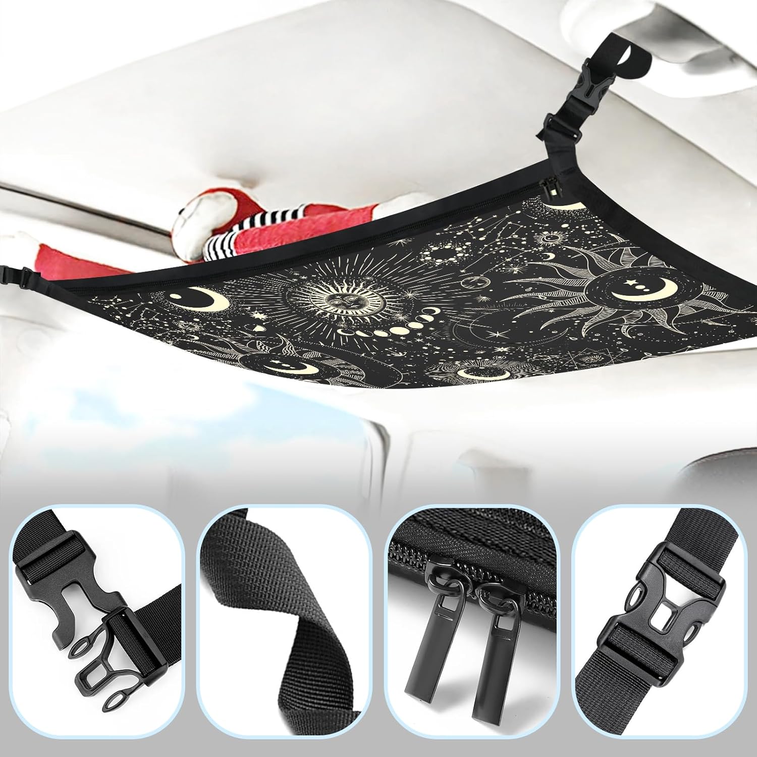 Planet Car Ceiling Cargo Net Pocket Hanging Storage Bag with Zipper 31.5"x21.6" Double-Layer Mesh Car Roof Storage Organizer Long Road Trip Truck SUV Travel Camping