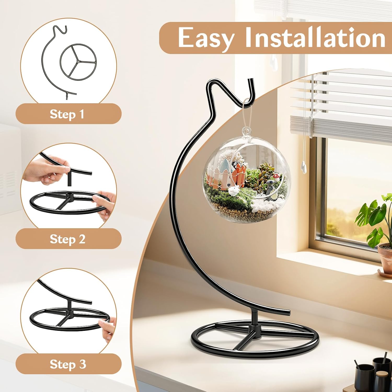 Ornament Display Stand with Hook, 11" Black Iron Hanging Stand for Air Plants, Glass Balls, Witch Balls, Terrariums, Christmas & Wedding Decorations, Home & Office Decor (black)