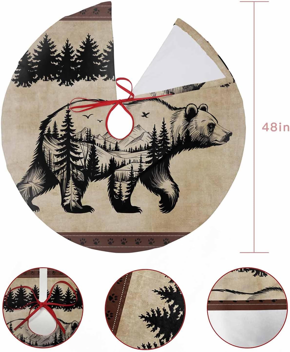 DecorLovee Christmas Tree Skirt, Brown Black Bear Christmas Tree Skirts Ornaments Décor, Farmhouse Cabin Forest Vintage Xmas Tree Skirt Mat Decorations for Holiday Party Indoor Outdoor 48 Inch