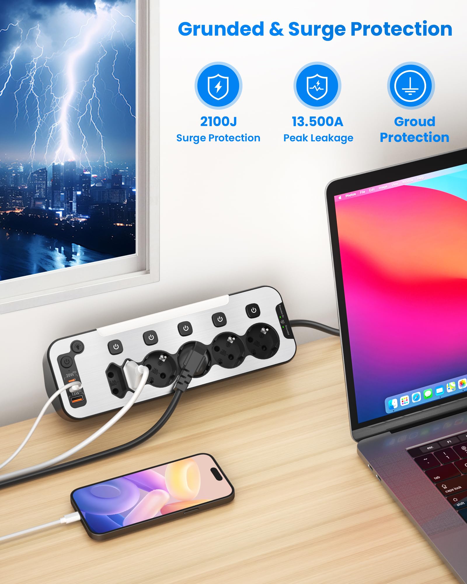 Toma de Mesa con USB C,Regletas Enchufes Proteccion Sobretension,PD20W Regleta de Escritorio con Interruptor,Enchufes Múltiple Cocina con Placa de Sujeción,Ladron Enchufes 6 Tomas,Cable 2 m,Negro