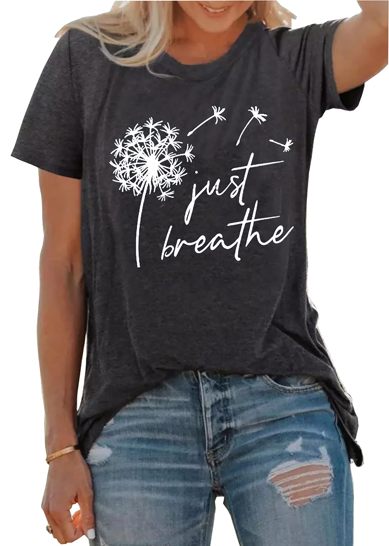 LLHXRUIJust Breathe Dandelion T-Shirt for Women Dandelion Graphic Tees Short Sleeve Christian Shirts Tops