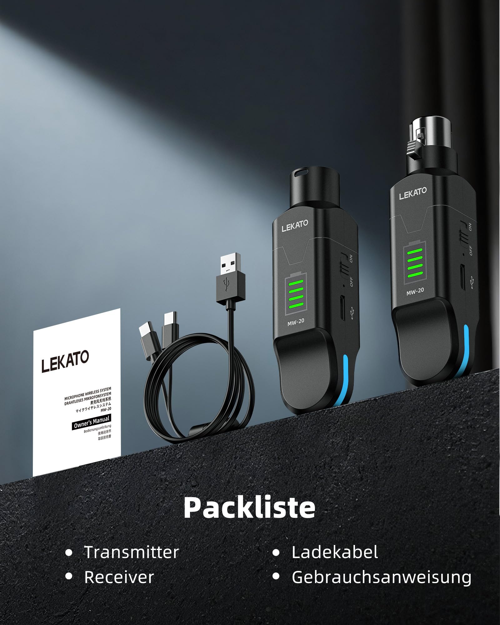 LEKATO 2,4 GHz Funkmikrofonsystem, XLR Sender Empfänger, 48V Phantomspeisung, für Kondensator & Dynamische Mikrofone, Plug & Play, 8 Std. Laufzeit, geeignet für PA, Mischpult, Live Auftritte (MW-20)