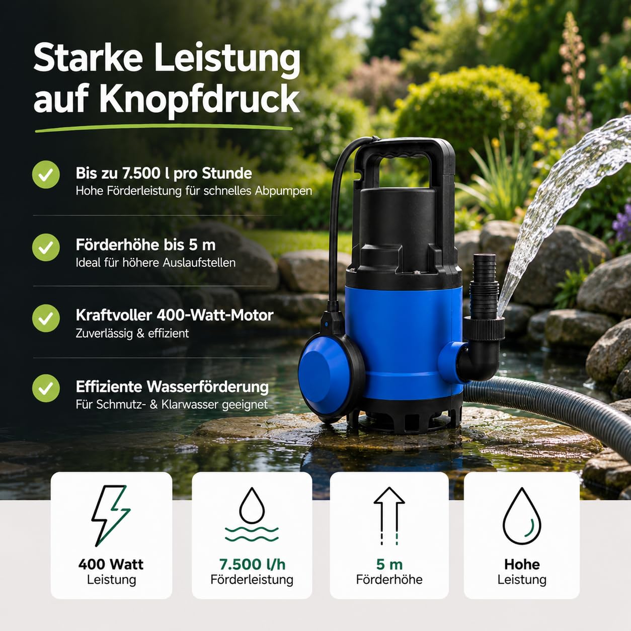 Pompa per acque luride 7500 l/h con 400 Watt – max. 5 m di altezza di consegna & 4 m di profondità di immersione, cavo da 10 m, protezione termica, robusta ruota in Noryl - Pompa sommersa per