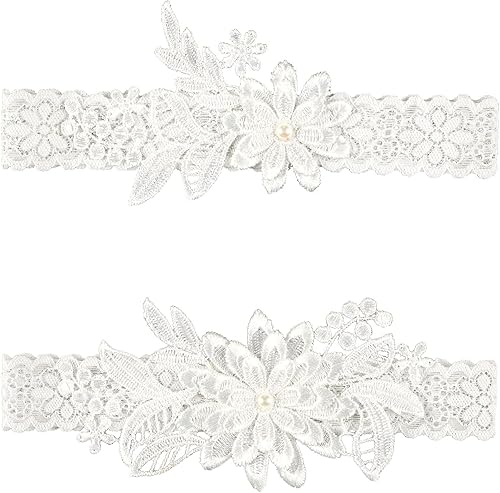 2 ligas de boda de encaje margarita liga nupcial cosida a mano perlas de imitación liga para novia