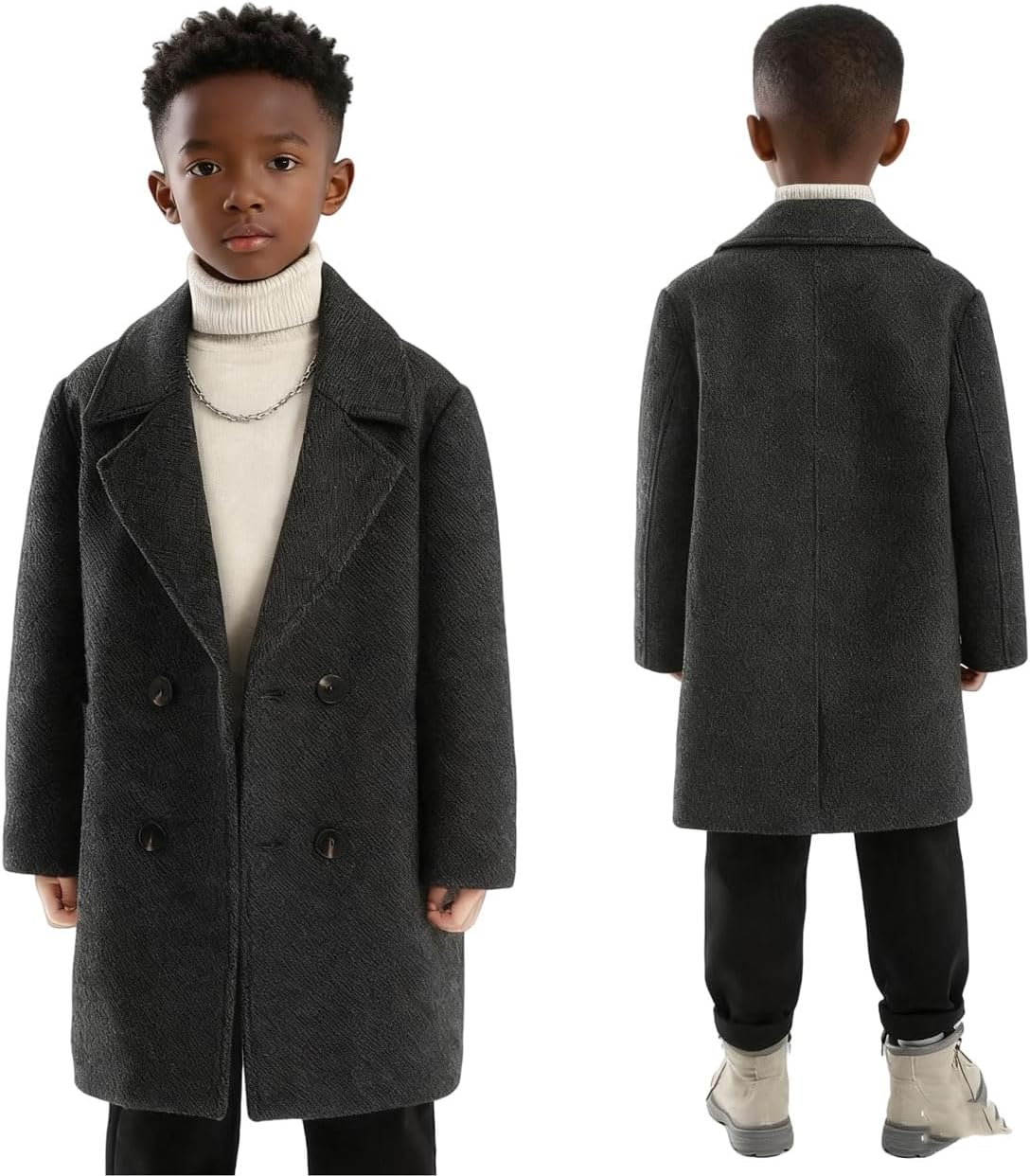 Boys Double Breasted Twill Overcoat Casual Warm Winter Dress Coat Wedding Formal Christmas New Year Eve