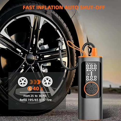 Miniatura 6 de Compresor de aire portátil de inflado de neumáticos, 150 PSI, medidor de presión digital, 25 cilindros, adaptador de automóvil, pantalla LCD dual de