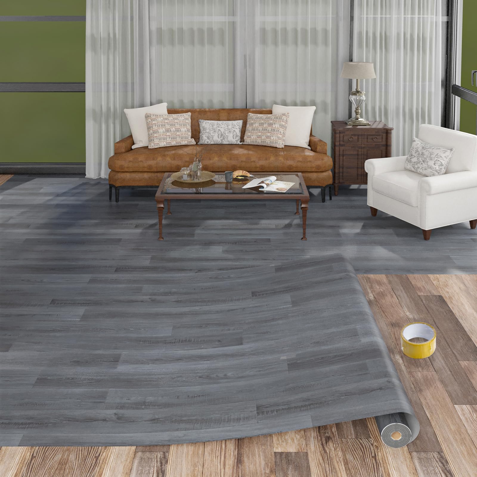 Freshtour Vinyl Flooring Roll, Versatile Removable PET Leather-Like Floor Covering, Waterproof & Durable, Easy Tape Installation, Cost-Effective for Any Room, Dark Grey Oak/ 32.29 Sq.ft (39.3" x 118")