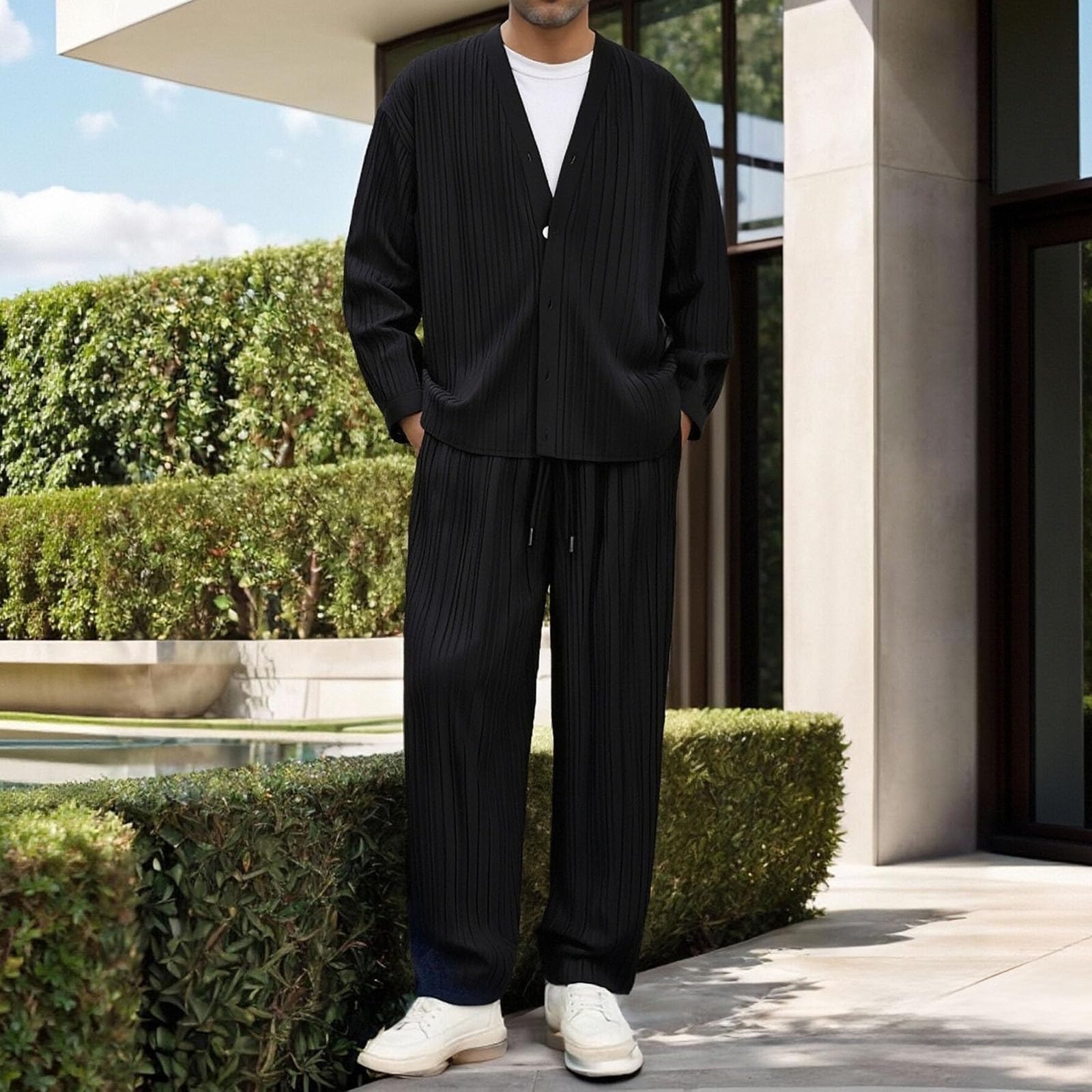 Conjunto de 2 piezas a juego para hombre, camisa de manga larga con botones y pantalones de cintura elástica de ajuste relajado, elegante atuendo casual de verano en tela suave y transpirable