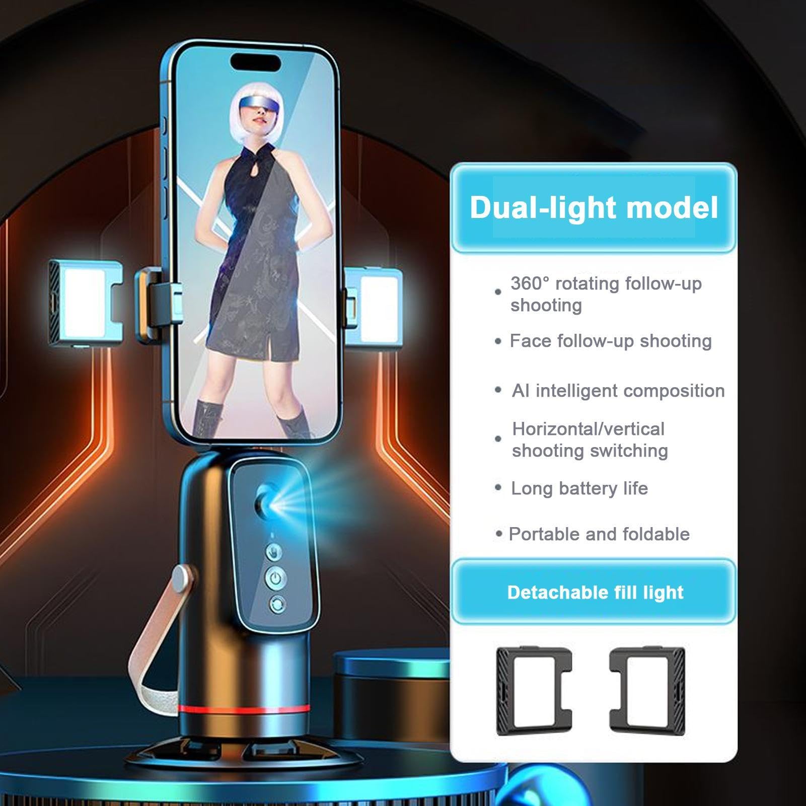 Treppiede per telefono AI – Supporto per rilevamento automatico del viso | Supporto rotante a 360° | Tecnologia Face Tracking, batteria ricaricabile, supporta vlogging, streaming e videochiamate.