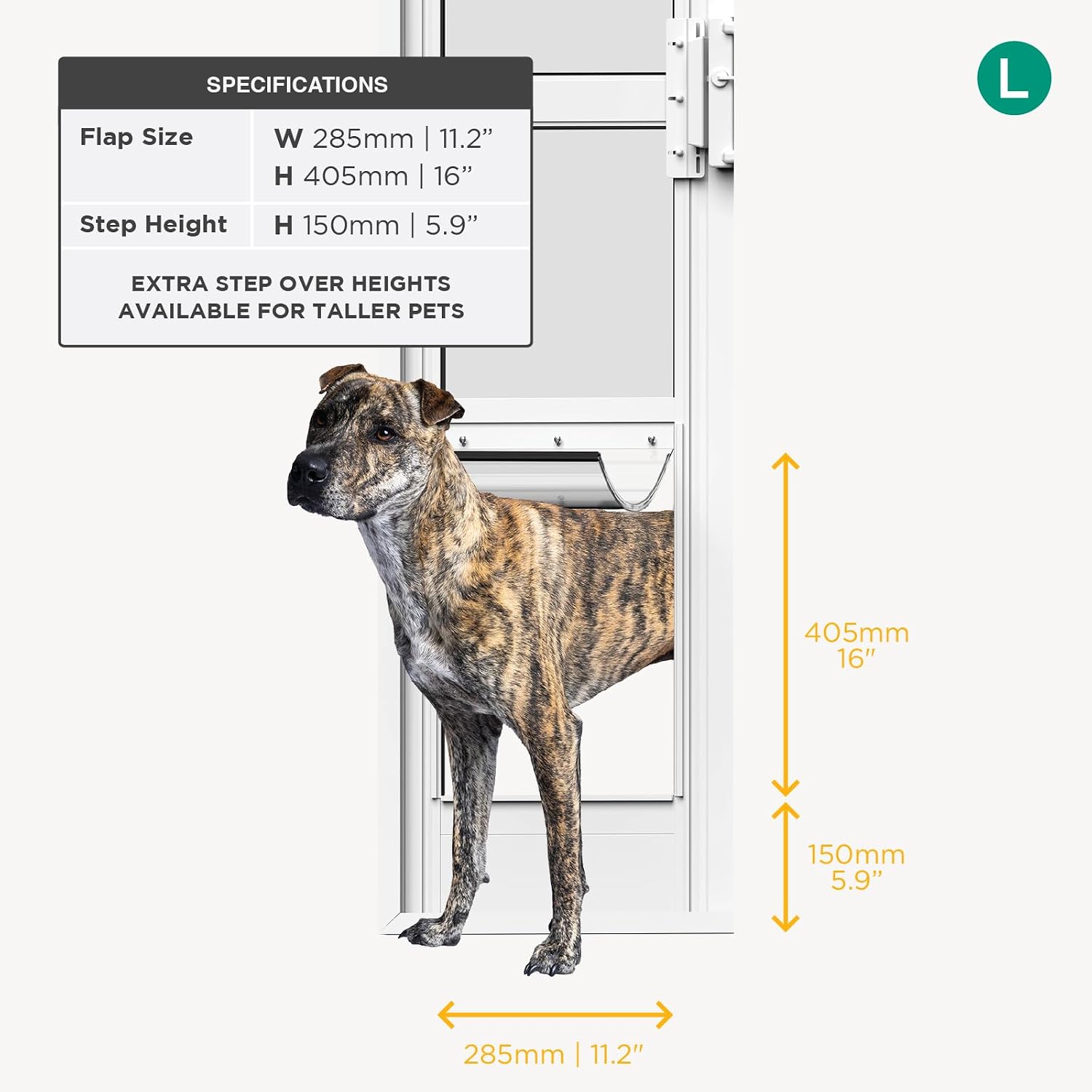 hakuna pets white glass patio pet door for sliding glass doors, large | adjustable height 77.2” – 83.5”, damage-free or permanent installation, durable aluminum frame, locking panel included white large