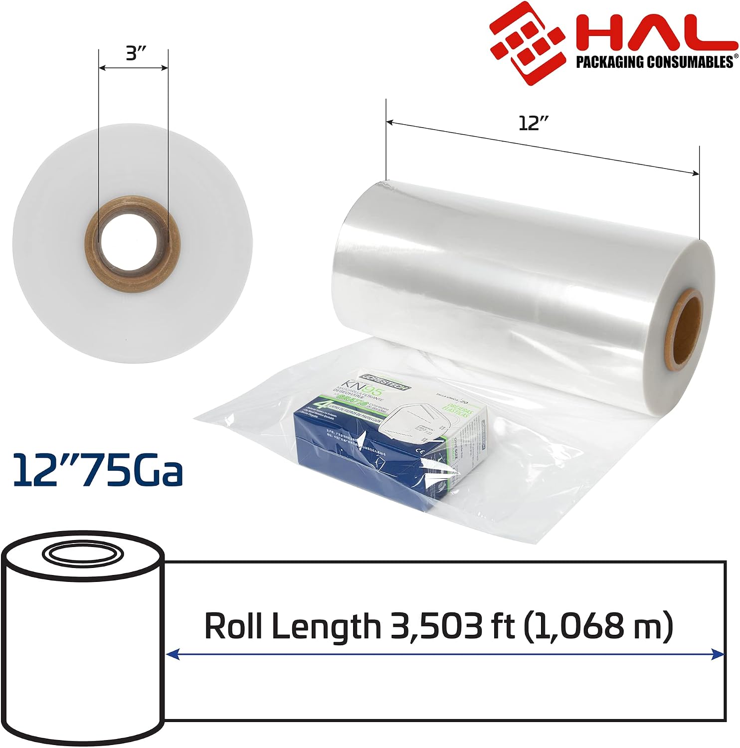 HAL PACKAGING CONSUMABLES Shrink Polyolefin Film Roll Heat Wrap (12 Inch x 75 Gauge)