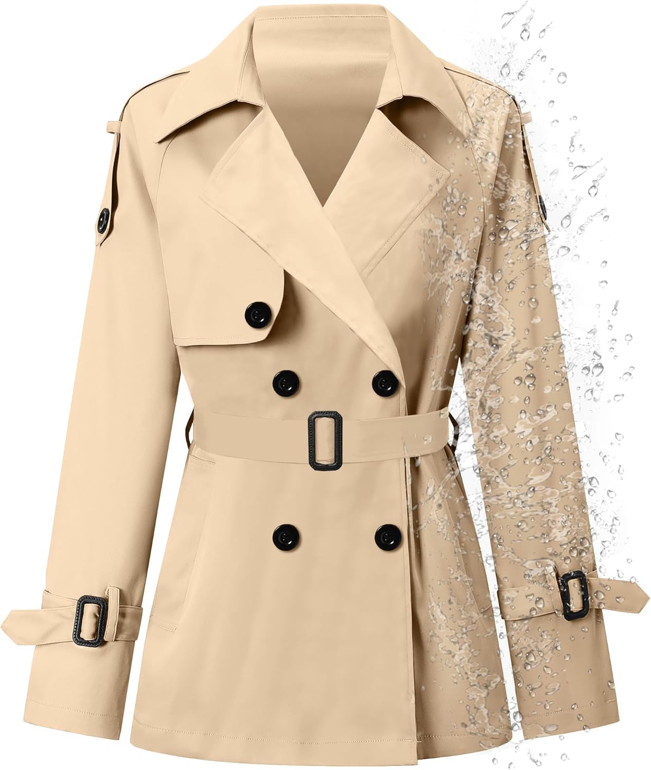 Betusline Women's Double Breasted Short Trench Coat Water-Resistant with Belt