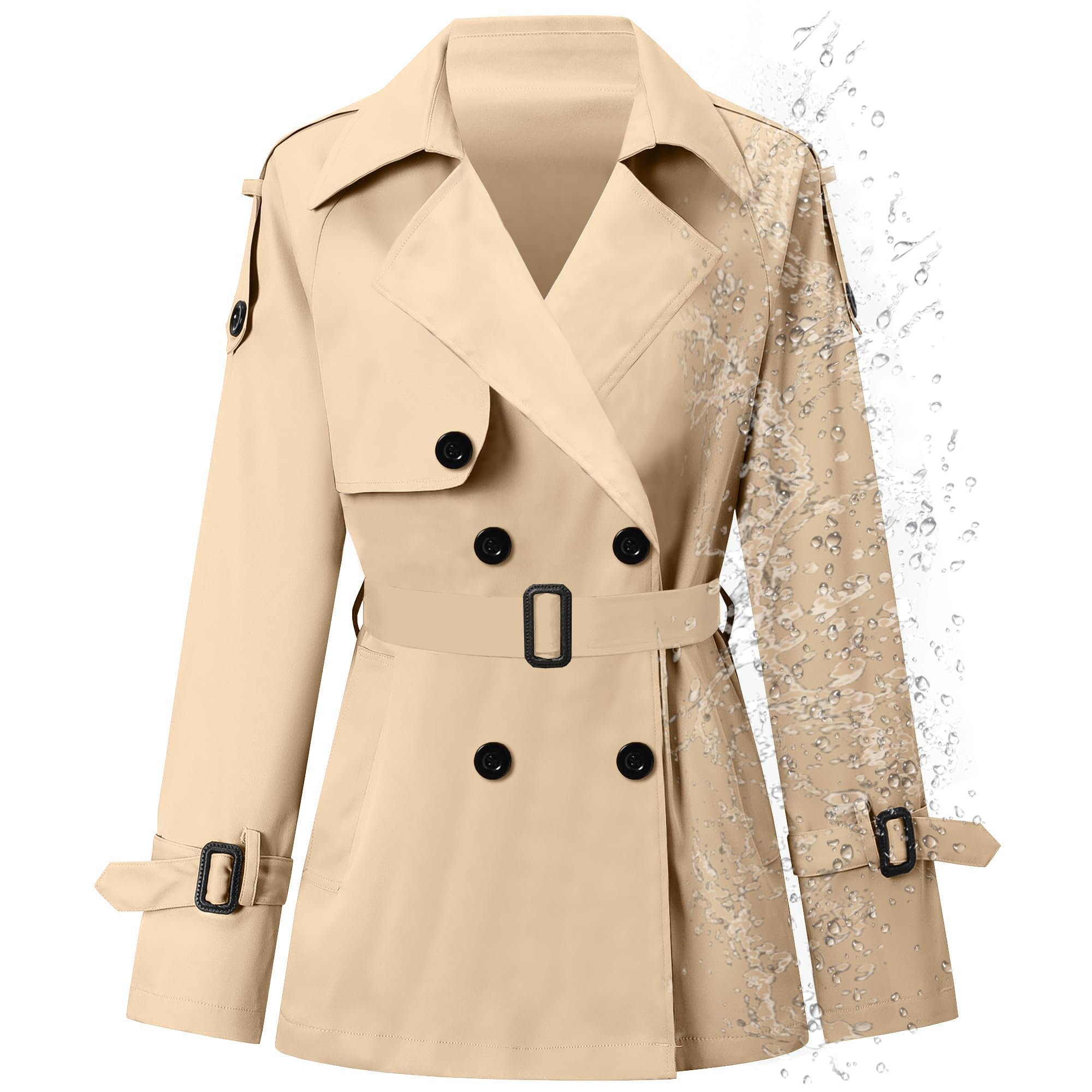 Betusline Womens Double Breasted Short Trench Coat Water-Resistant with Belt X-Small - XX-Large