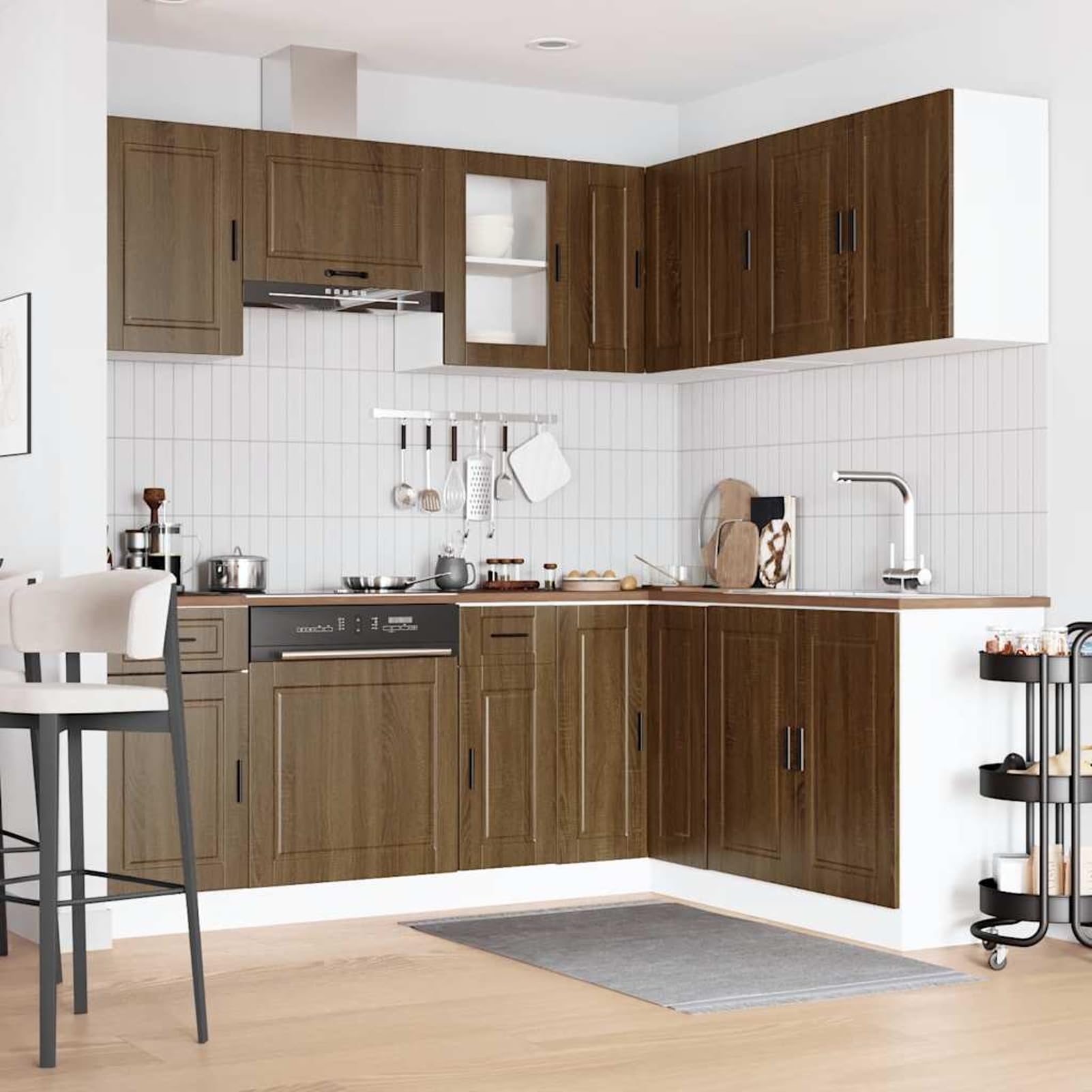 Homgoday Porto Küchenzeile 11-teilig mit Spüle & H?ngeschr?nken, Braun Eichen-Optik, Holzwerkstoff & Glas, 80-80 cm (B x H) Model3314968