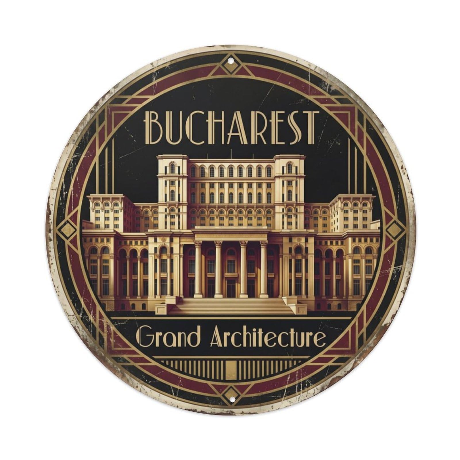 Vintage Travel Bucharest Parliament Romania Metal Tin Sign Plaque Wall Decor for Cafe, Club Bar, Office, Home Garden Round Metal Poster 8x8Inch