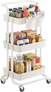 SONGMICS Carro Rodante, Carrinho de Armazenamento de 3 Níveis, com Alça, 2 Organizadores Pequenos, Estrutura de Aço, Cestas de Plástico, para Quarto, Lavanderia, Banheiro, Branco BSC067W01