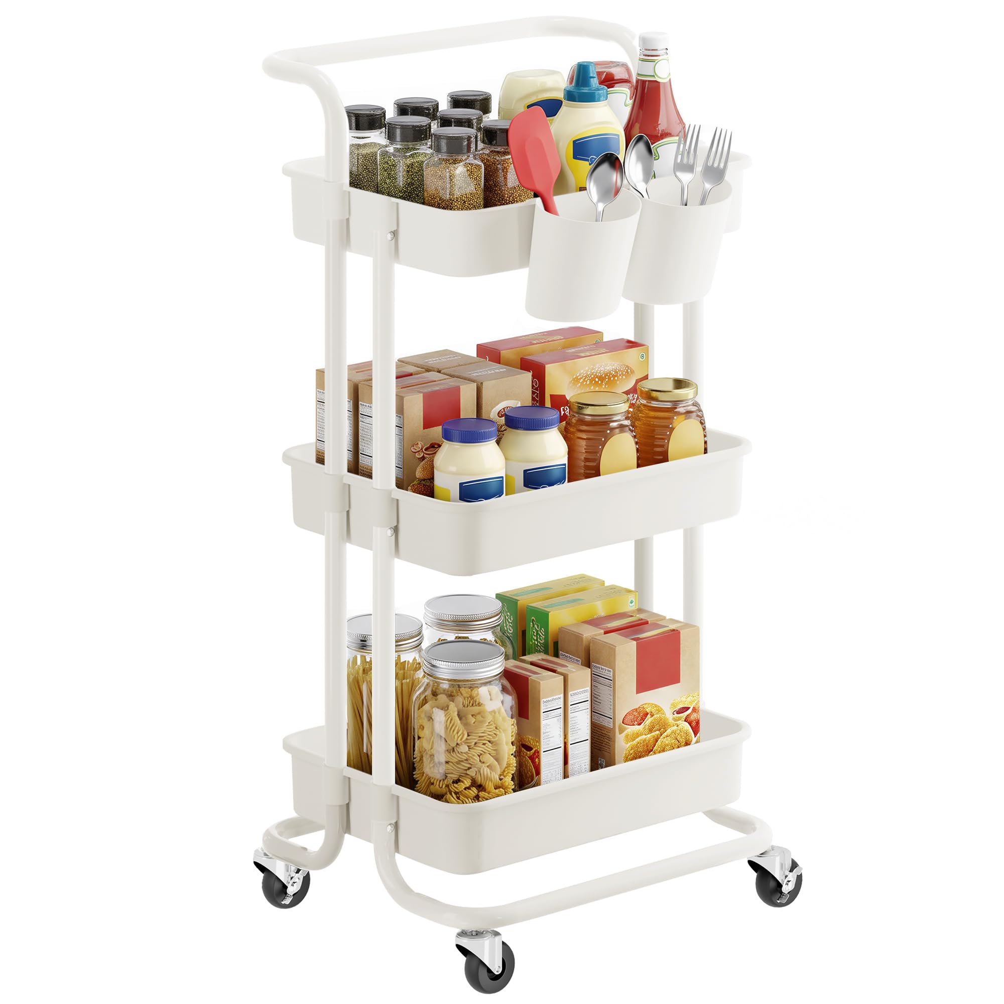 SONGMICS 3-Tier Storage Trolley, Rolling Trolley with Handle, 2 Small Organisers, Steel Frame, Plastic Baskets, Utility Cart, Easy Assembly, for Bathroom Laundry Room, White BSC067W01 — image 1