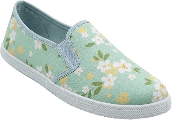 Womens Floral Canvas Plimsolls Slip On Trainers Ladies Casual Flat Pumps Lightweight Breathable Summer Shoes Comfort Cushioned Walking Gym Fashion Sneakers UK 3-8