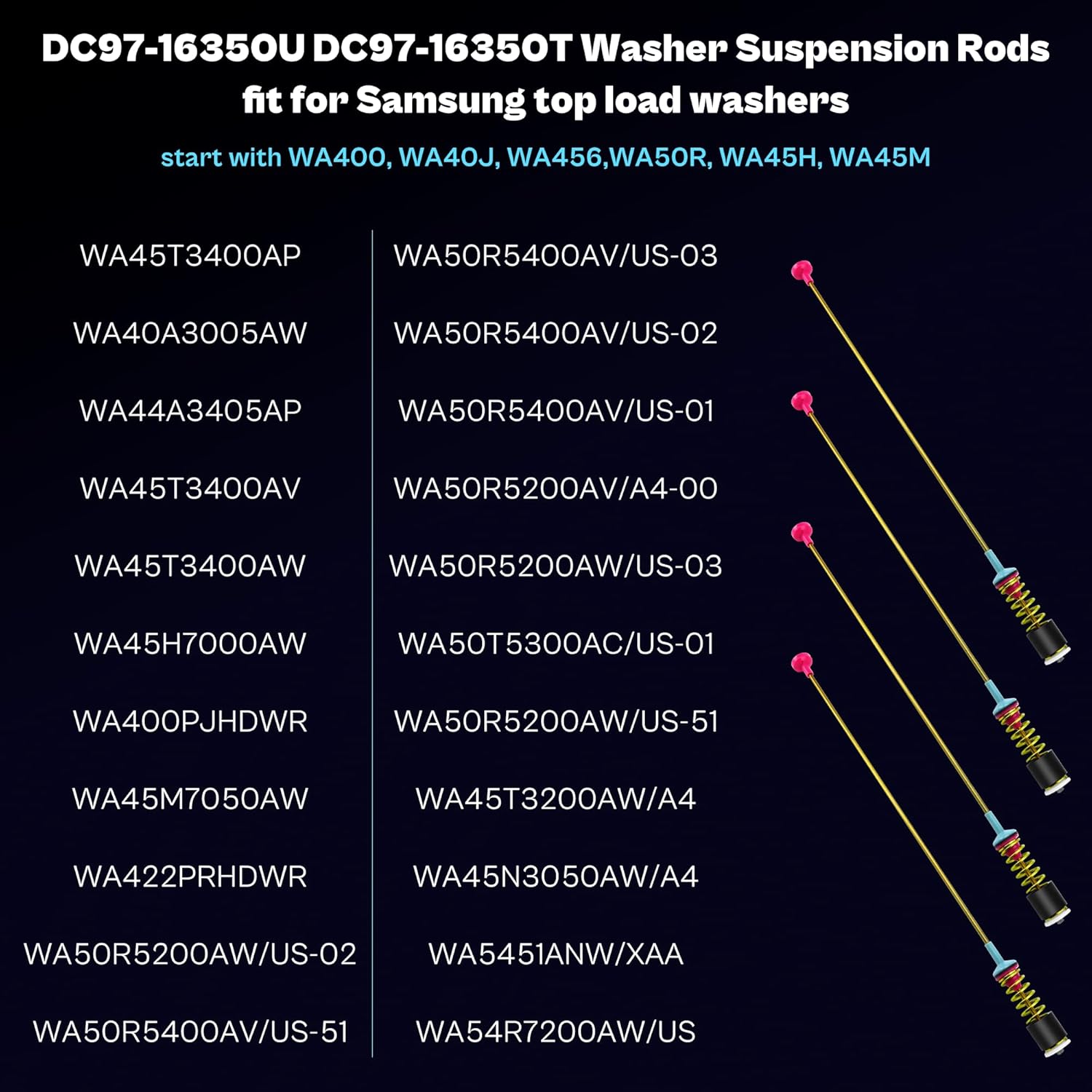 upgraded washer suspension rods fit for samsung wa50r5400av/us wa50r5200aw/us wa50r5400aw/us wa45t3200aw/a4 wa45h7000aw/a2 wa45n3050aw/a4 wa45t3400ap/a4 wa45t3400av wa45t3400aw 4 pack luxrilix