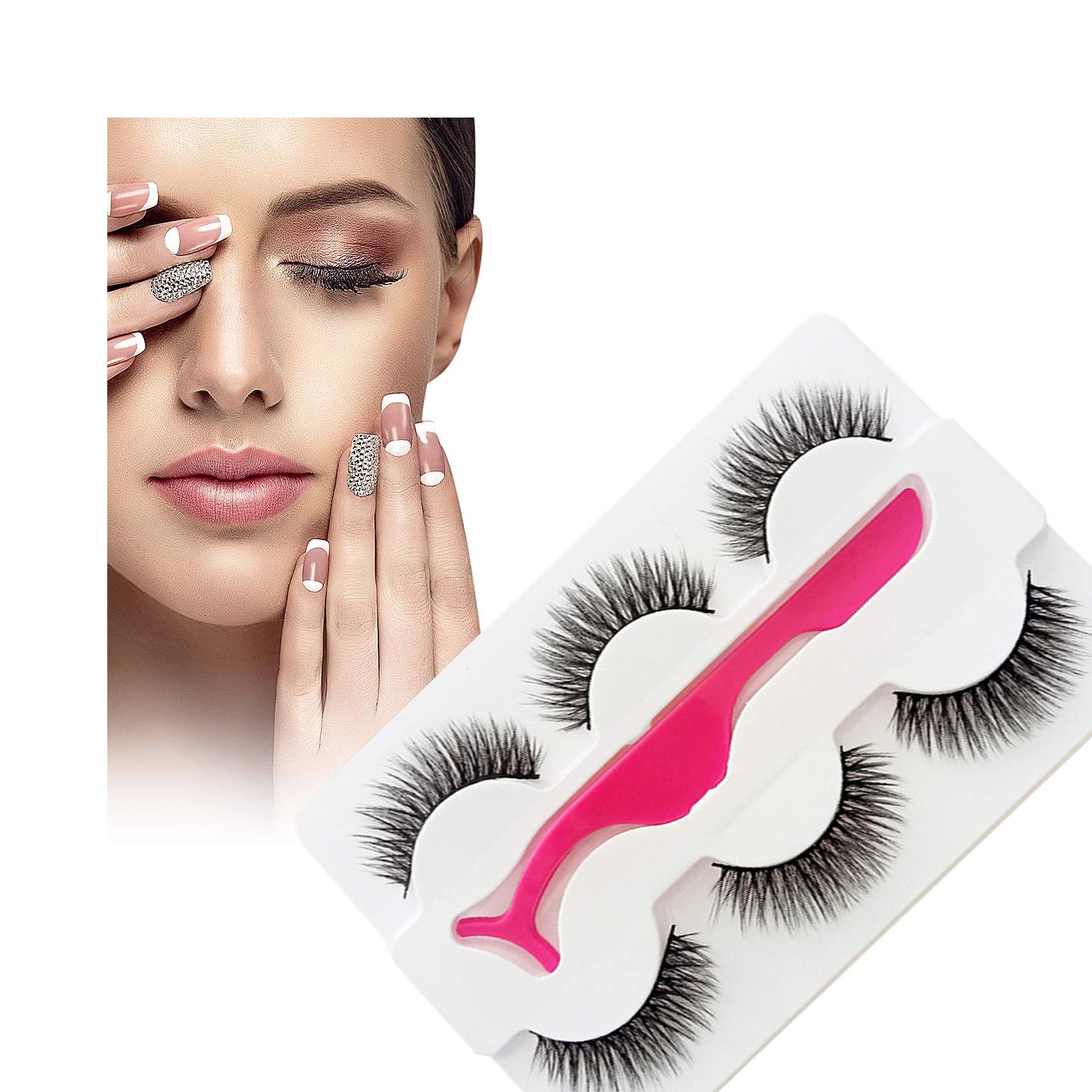 GeekerChip False Eyelashes,3D Natural Look,with Free Precision Eyelash Tweezers(3 Pairs)