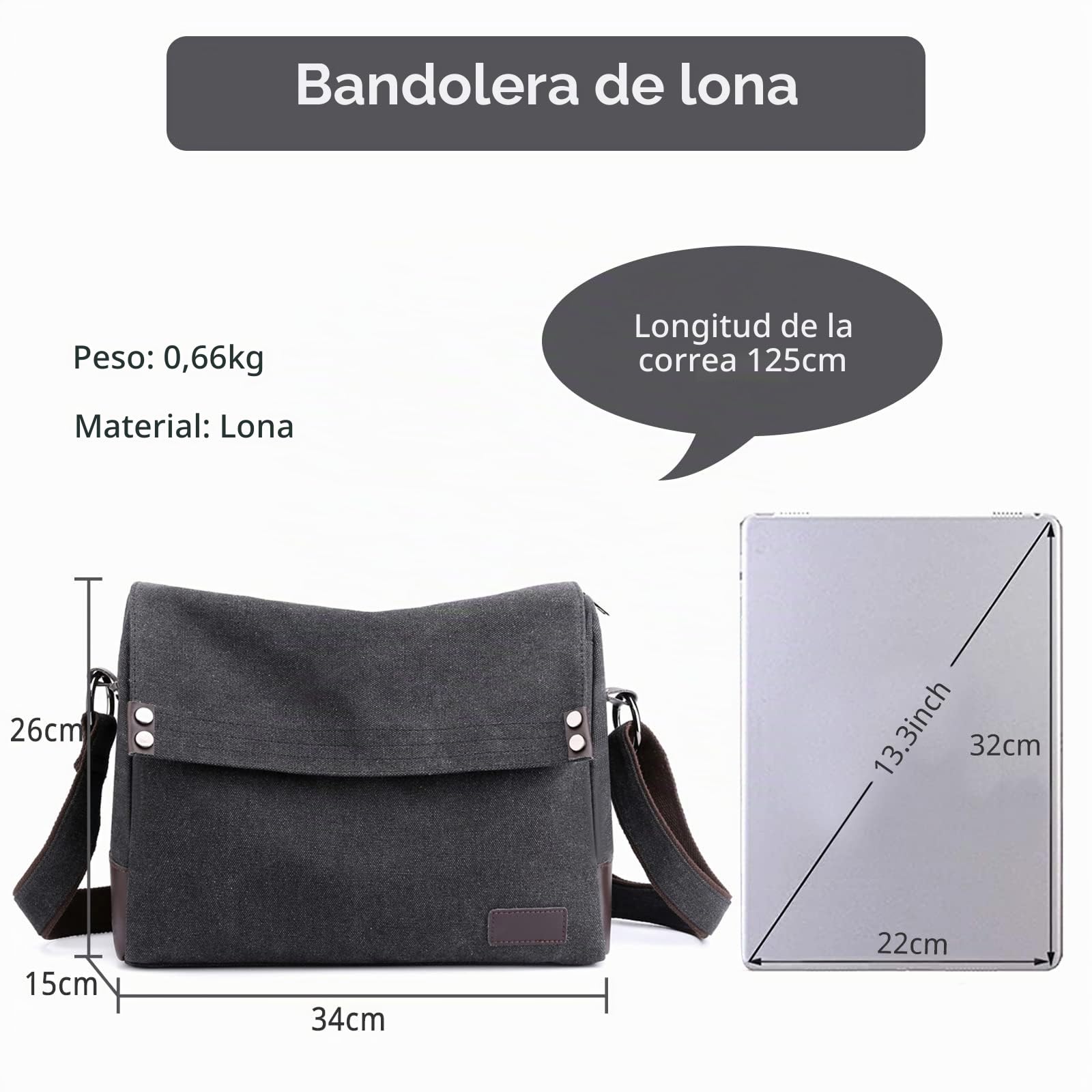Hombres Bolso de Hombro Bolso de Bandolera de Lona Bolsos Cruzados para 13.3 Pulgadas Portátil Bolsa Mensajero para Conmutar Trabajo Viaje Escuela Negro