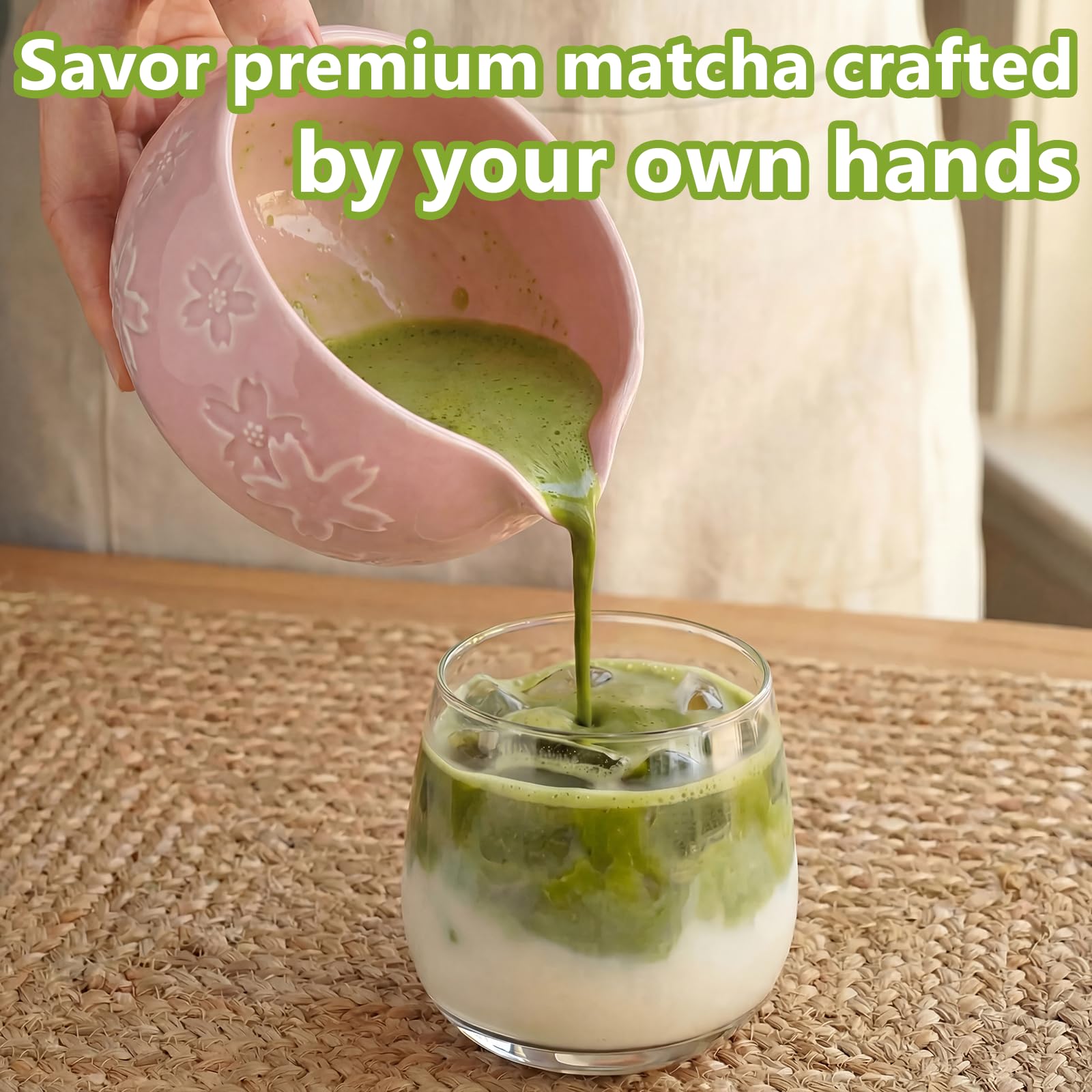 8 pezzi Matcha Kit, Matcha Set tradizionale in ceramica con Frusta Matcha, Ciotola, Cucchiaio, Filtro, Supporto, Kit Matcha completo, Elegante Set per Amanti del Matcha, Rosa