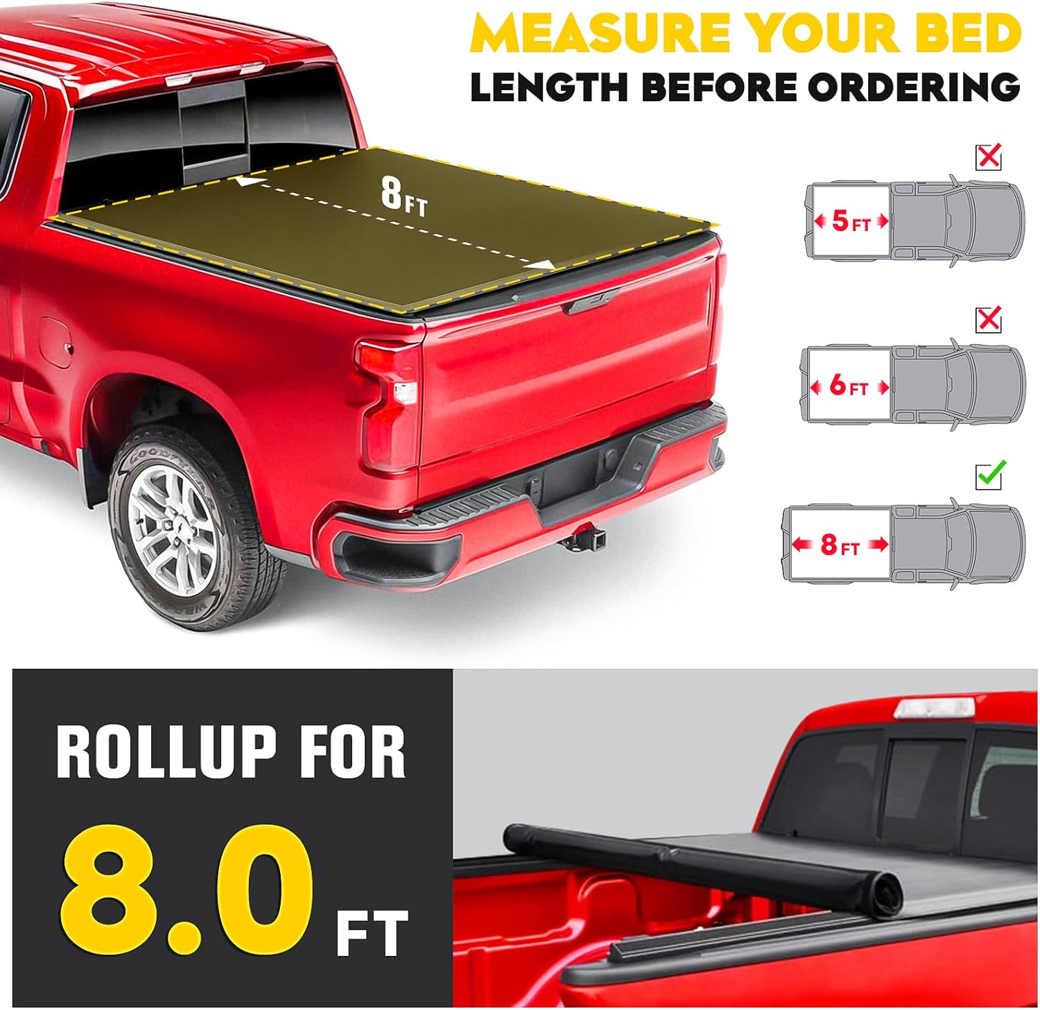 8FT Soft Roll Up Truck Bed Tonneau Cover Fits for 1999-2016 Ford F250 F350 F450 Super Duty, 8ft (96''-98.6'') Fleetside Bed, Not Fit with Roll Bar