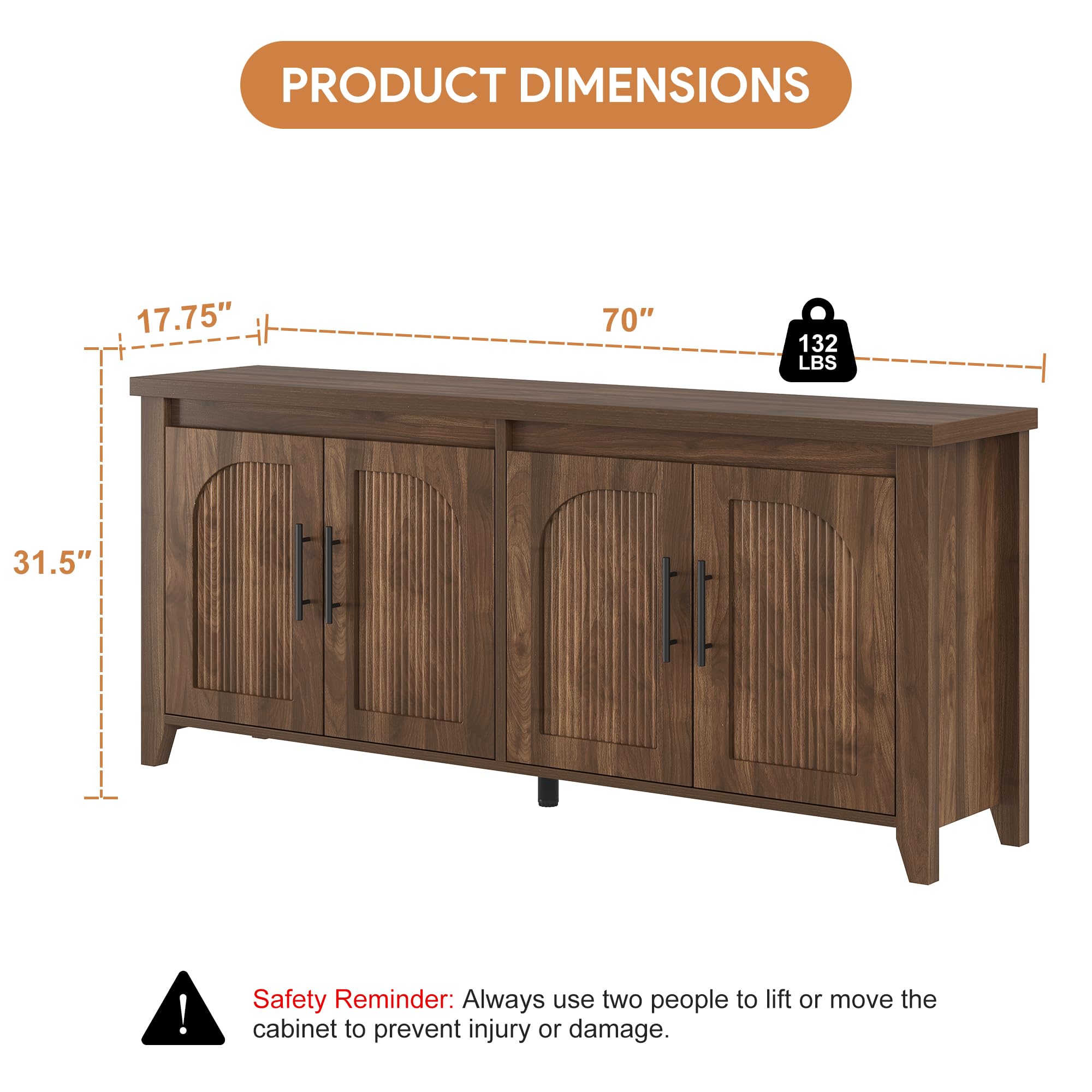 Condition photo showing New/Like New for knoworld modern buffet cabinet with storage, 70" fluted sideboard cabinet with adjustable shelves, wood & multi-functional coffee bar console for dining room, kitchen, living room & entryway walnut box1/2 only