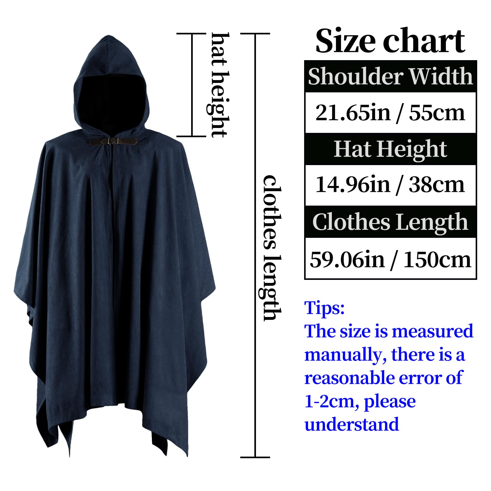 HiiFeuer Mantello medievale in velluto a coste con cappuccio e spilla regolabile, fantasia, poncho rinascimentale, costume cosplay
