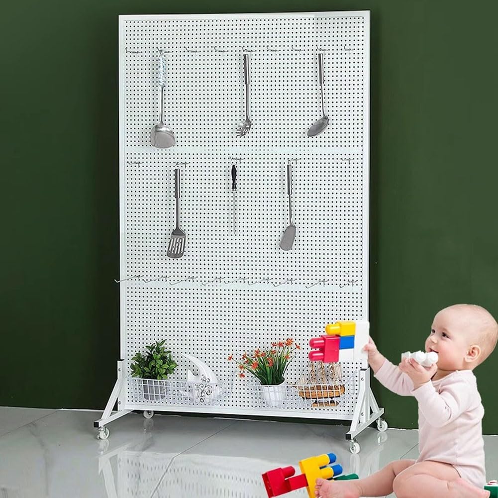 Ruchomy metalowy stojak na pegboard z solidną podstawą i kółkami stojak ekspozycyjny do rzemiosła detalicznego, dodatkowe 20 haczyków w zestawie, trwałe białe panele 60 x 120 cm dla łatwej nizacji i