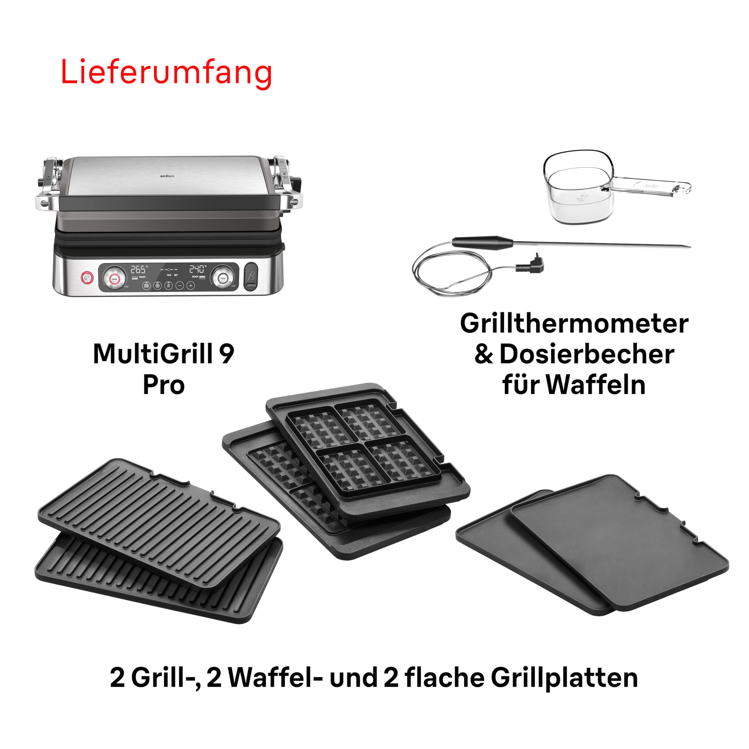 Braun MultiGrill9 CG9167, elektryczna kratka sterowana elektronicznie, 2 niezależne termostaty, 3 pozycje gotowania, sonda termiczna, funkcja BOOST, zestaw płyt grillowych, gładki+gofry, 2200 W