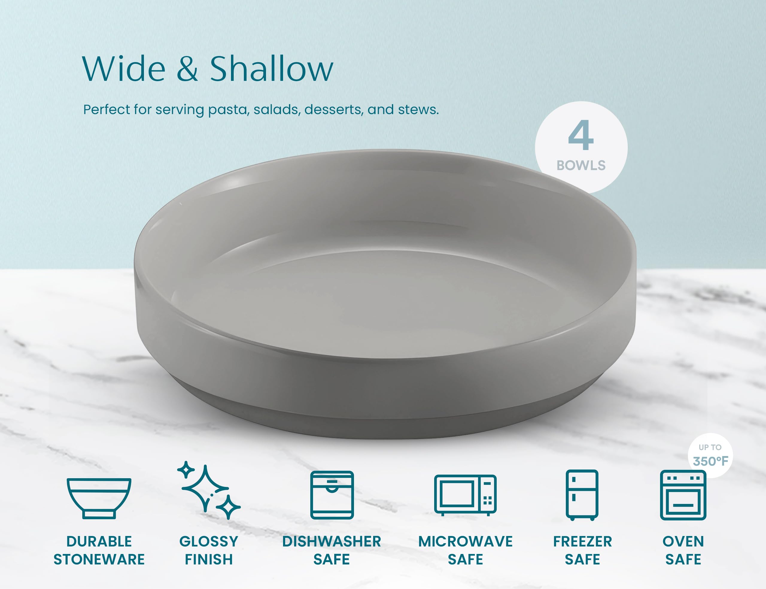 KooK Cuencos grandes de cerámica para pasta, aptos para microondas y lavavajillas, ideales para sopas y ensaladas, cuencos poco profundos, porcelana brillante, 48 onzas, juego de 4, gris polvo