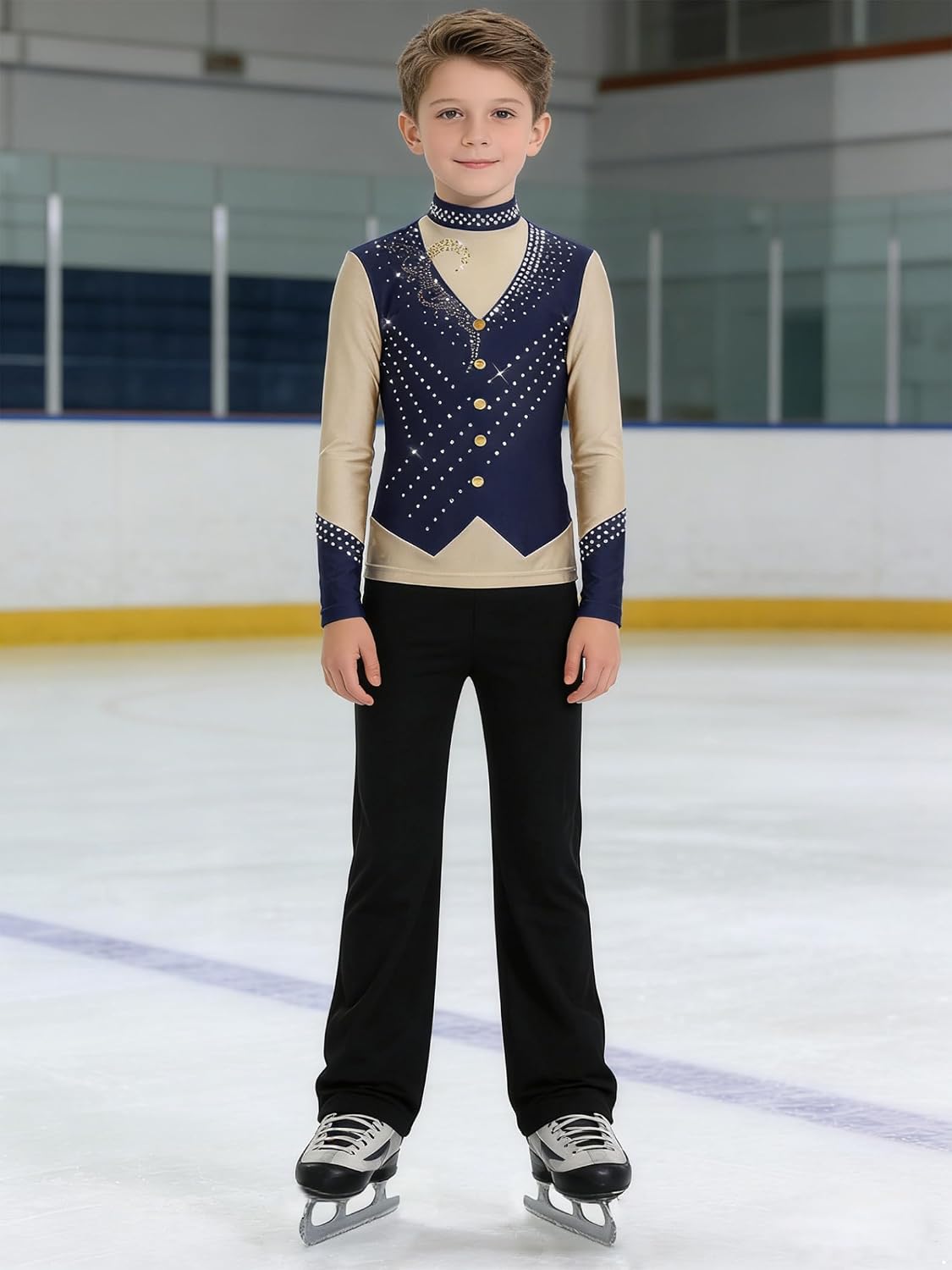 JEYPINMI Boys' Gymnastic Dance Workout Competition Costume Figure Ice Skating Outfits Tank Top with Pants Training Suit Navy Blue 14 Years