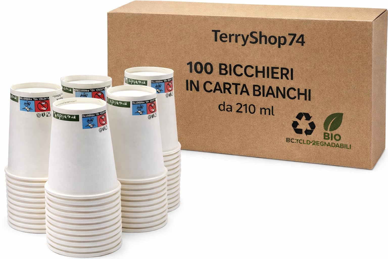 Terryshop74® 100 bicchieri cocktail bevande cappuccino 210 ml eco friendly usa e getta bio compostabili bio degradabili bevande calde e fredde, bianco