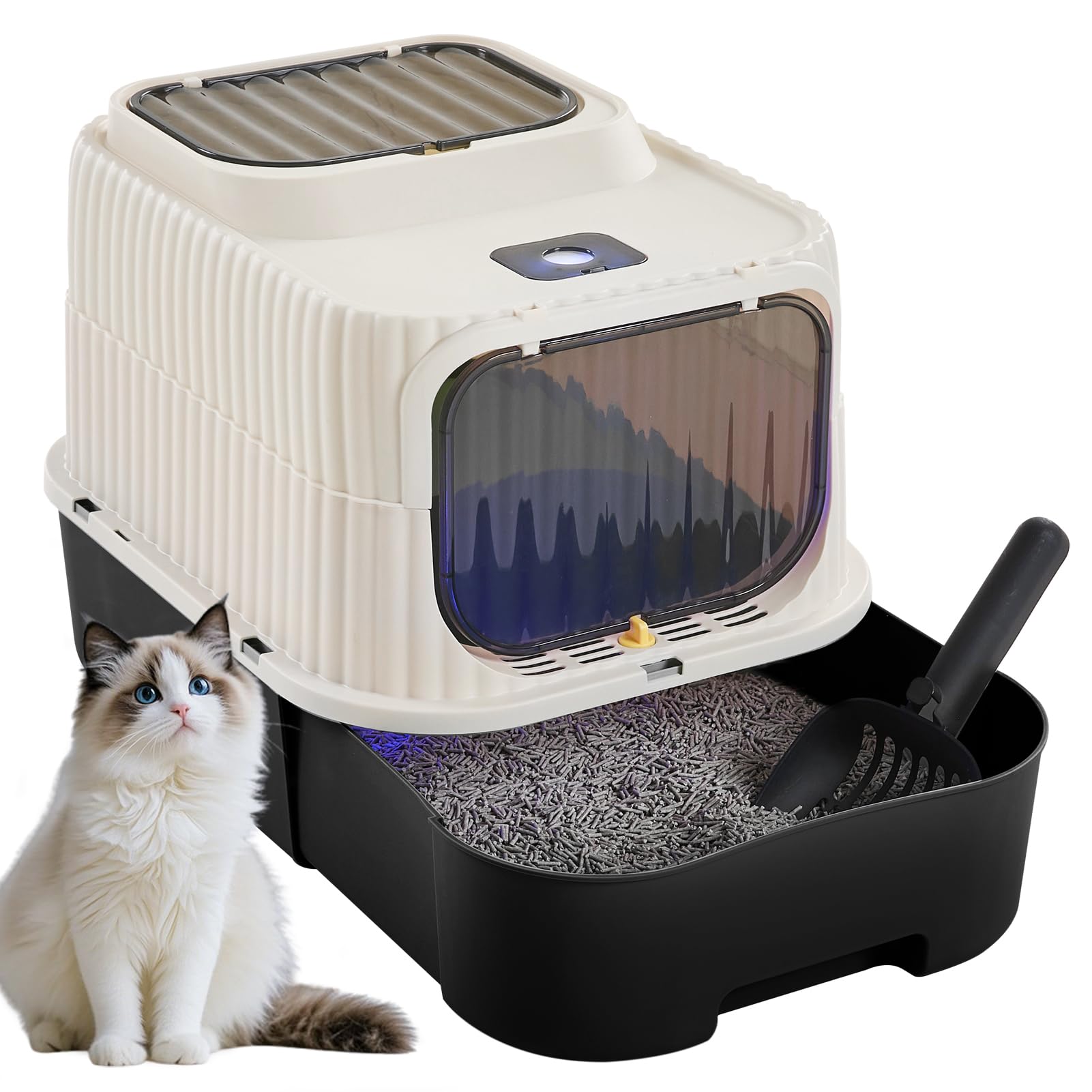 The Fellie Enclosed Cat Litter Box with UV Sterilization, Cat Litter Tray with Top Entry&Front Door, Kitten Litter Tray Odor Cntrol,Slide-Out Drawer&Scoop, Easy Cleaning, Black