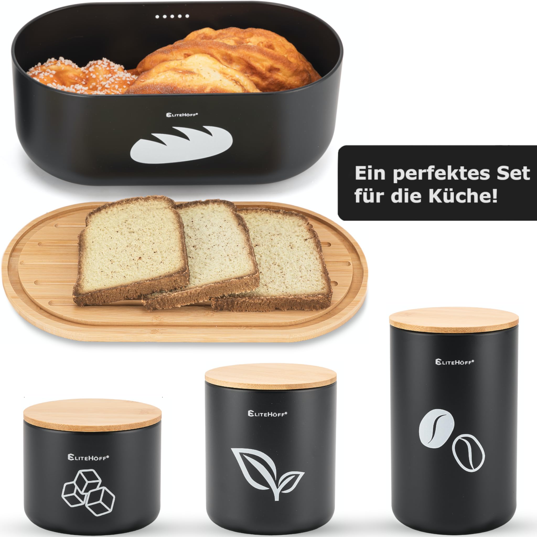 EliteHoff Brotkasten mit Schneidebrett + Vorratsdosen 3er Set (Kaffeedose Teedose Zuckerdose) oder Brotbox mit Butterdose | Brotkorb Metall Schwarz mit Bambusdeckel - 35x19x14cm (4er Set)