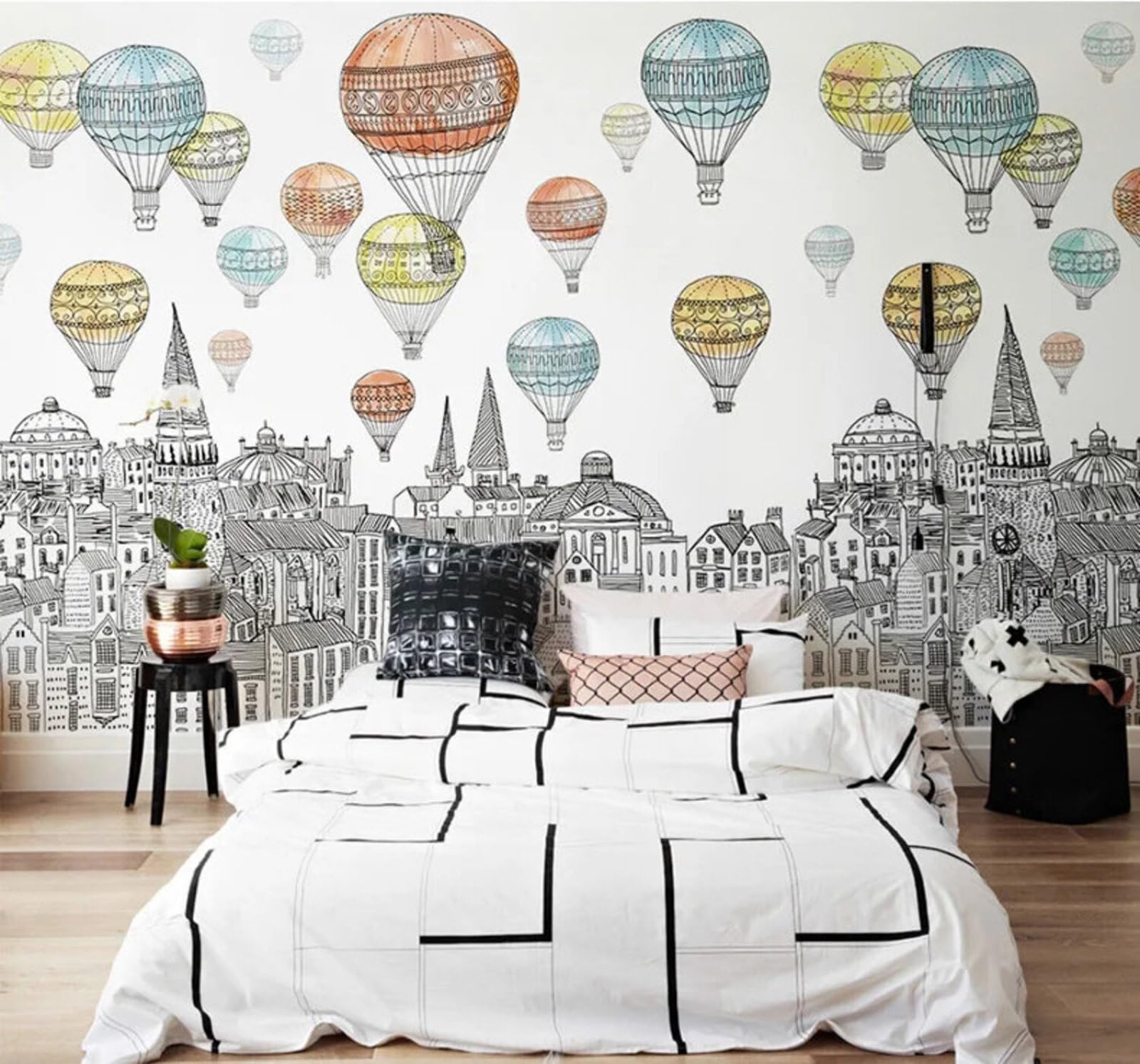 Cartoon Hand Drawn Line Art Hot Air Balloon Castle 3D Wallpaper Easy Install Feature Office Living Room Sofa Bedroom TV Background Wall Decoration-200cm×140cm