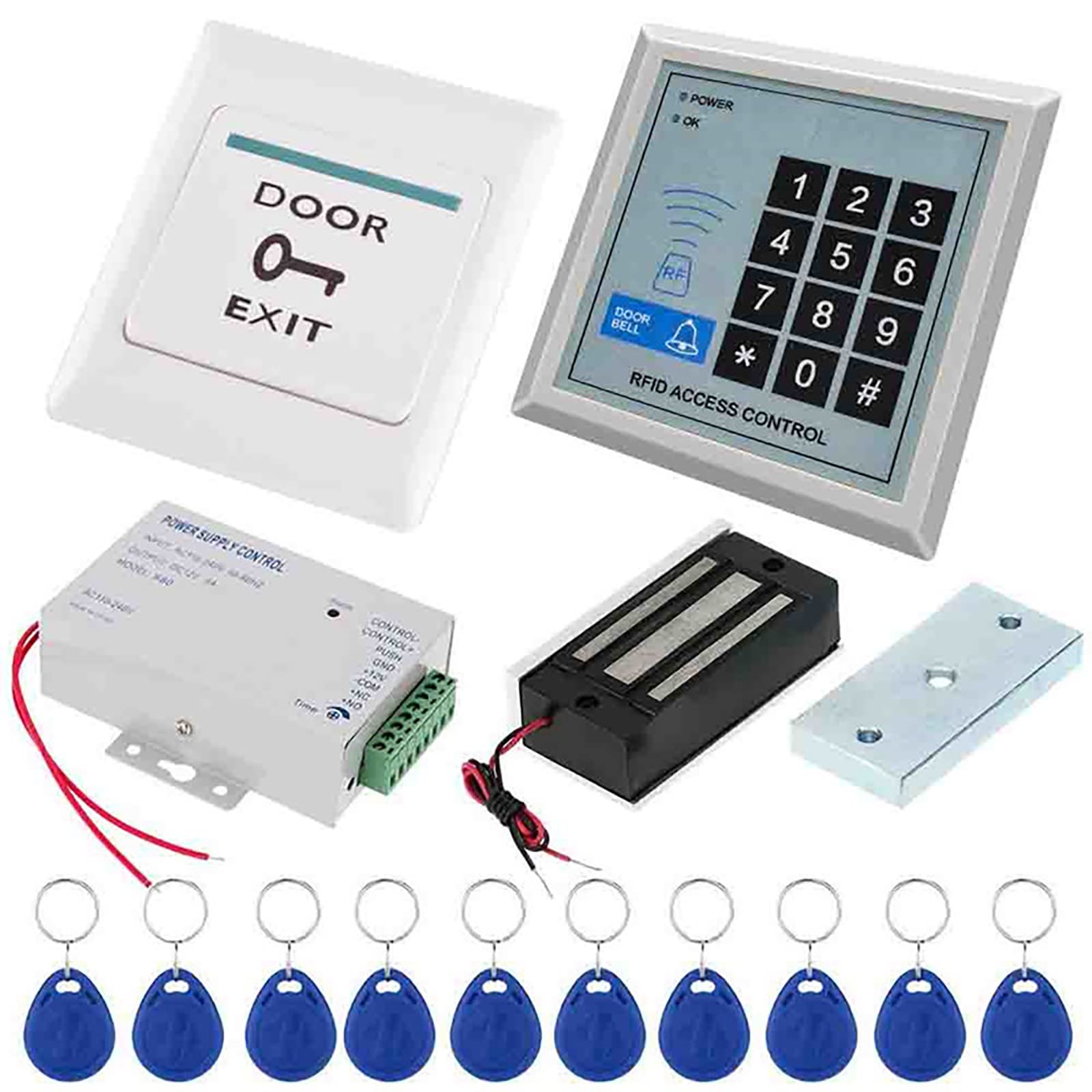 Full Set Rfid Door Access Control System Kit With 125Khz Stand-Alone Door Entry Keypad, Electric Magnetic Lock Power Supply Exit Button 10Pcs Keyfobs 610012477679